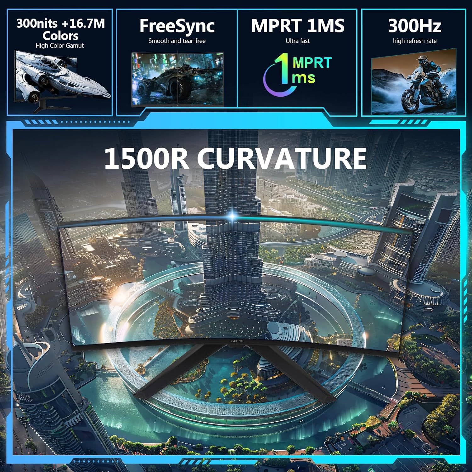 Detalle de Z-Edge 27-Inch Curved Gaming Monitor – FHD 1080p, 300Hz, 1ms, FreeSync, 1500R