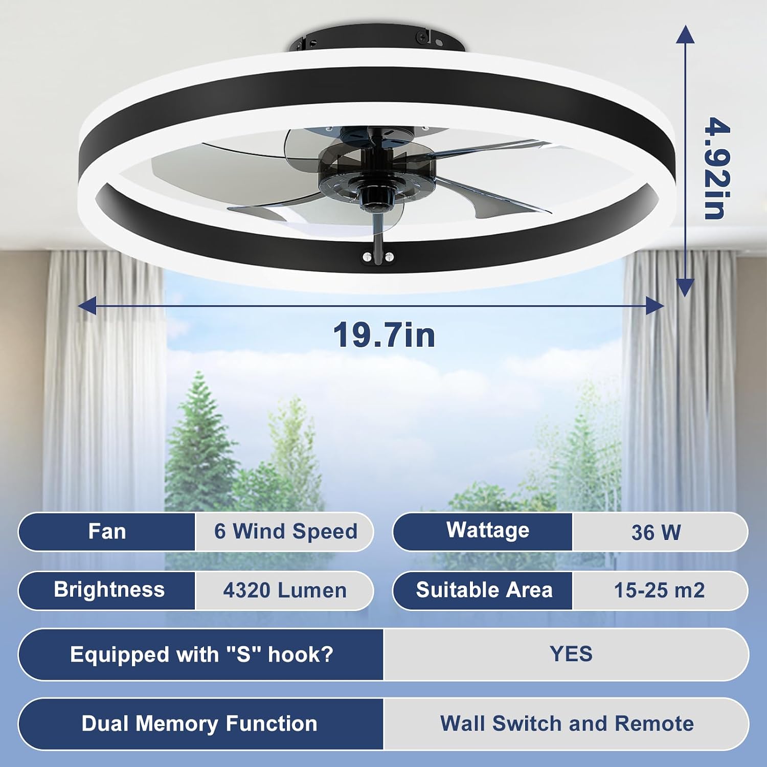 Detalle 2 de VOLISUN 21236ZM Low-Profile Ceiling Fan with Light, Remote and Dimmable LED