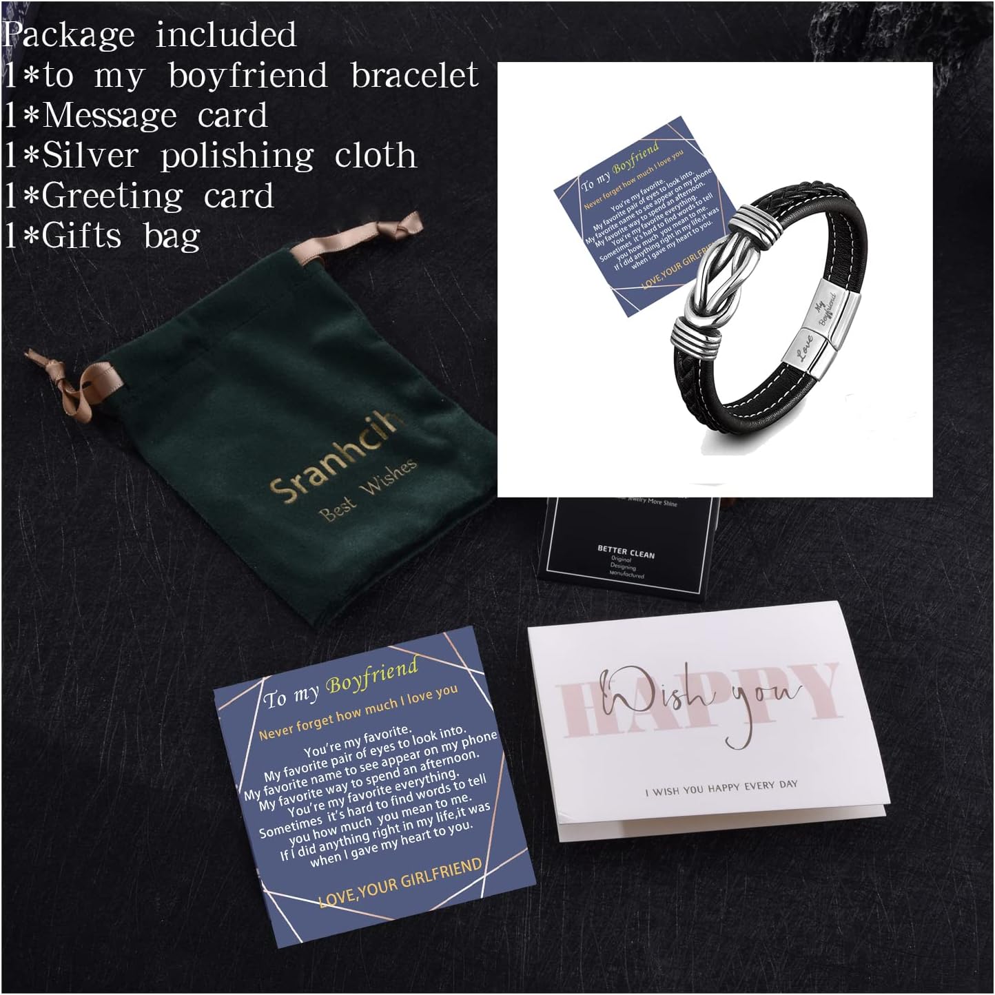 Detalle 2 de Leather braided bracelet with stainless steel clasp for men – “Love My Boyfriend” engraved gift