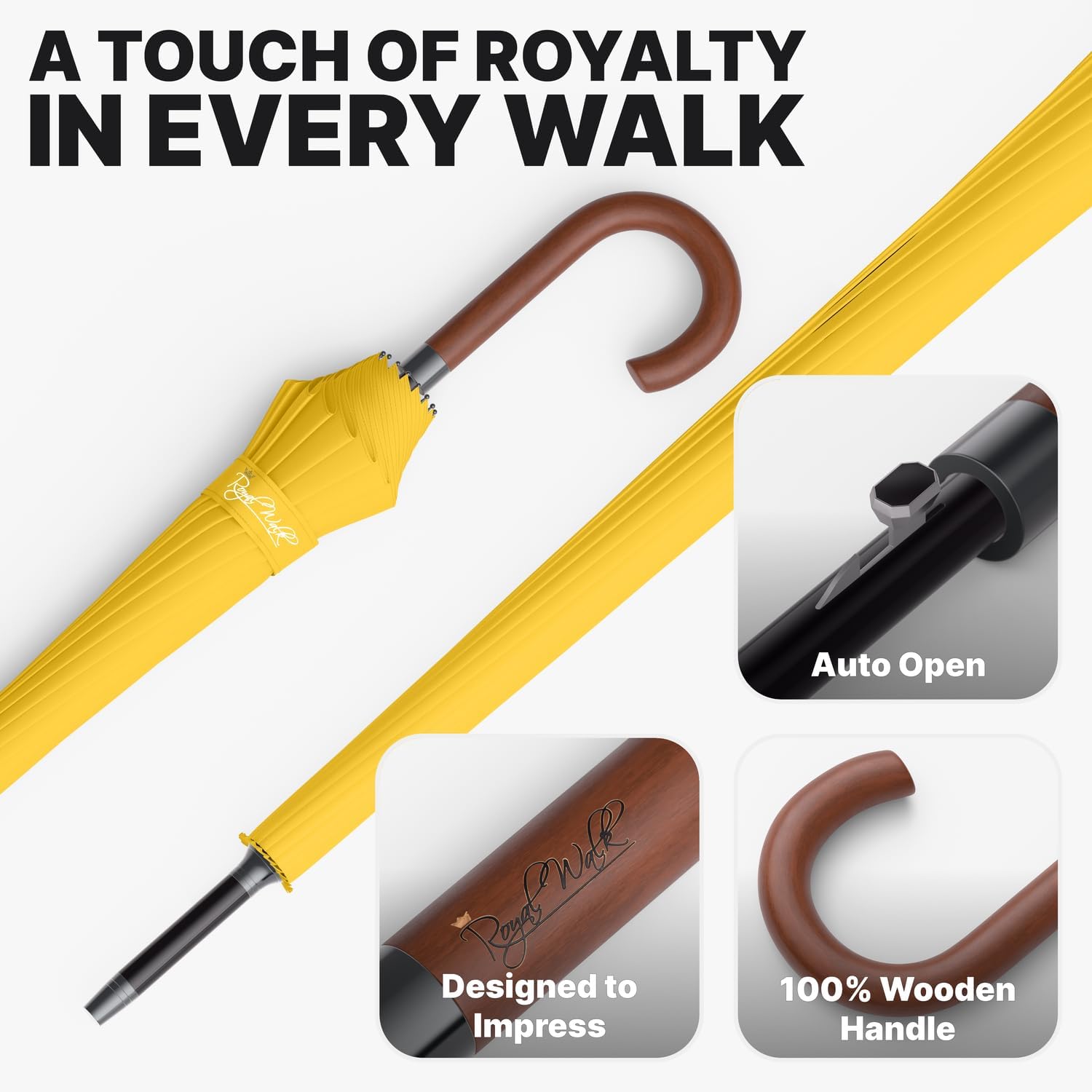 Thumbnail 2 de Royal Walk Windproof Umbrella Black Large 54 Inch Automatic Open (for 2 persons) — Wooden Handle