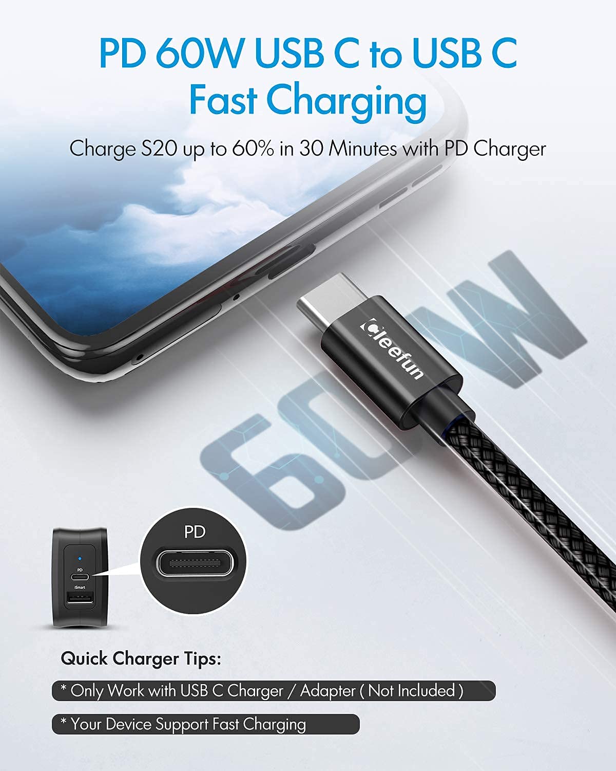 Detalle de CLEEFUN Long USB-C to USB-C Cable (3m, 2-Pack) with PD 60W Fast Charging