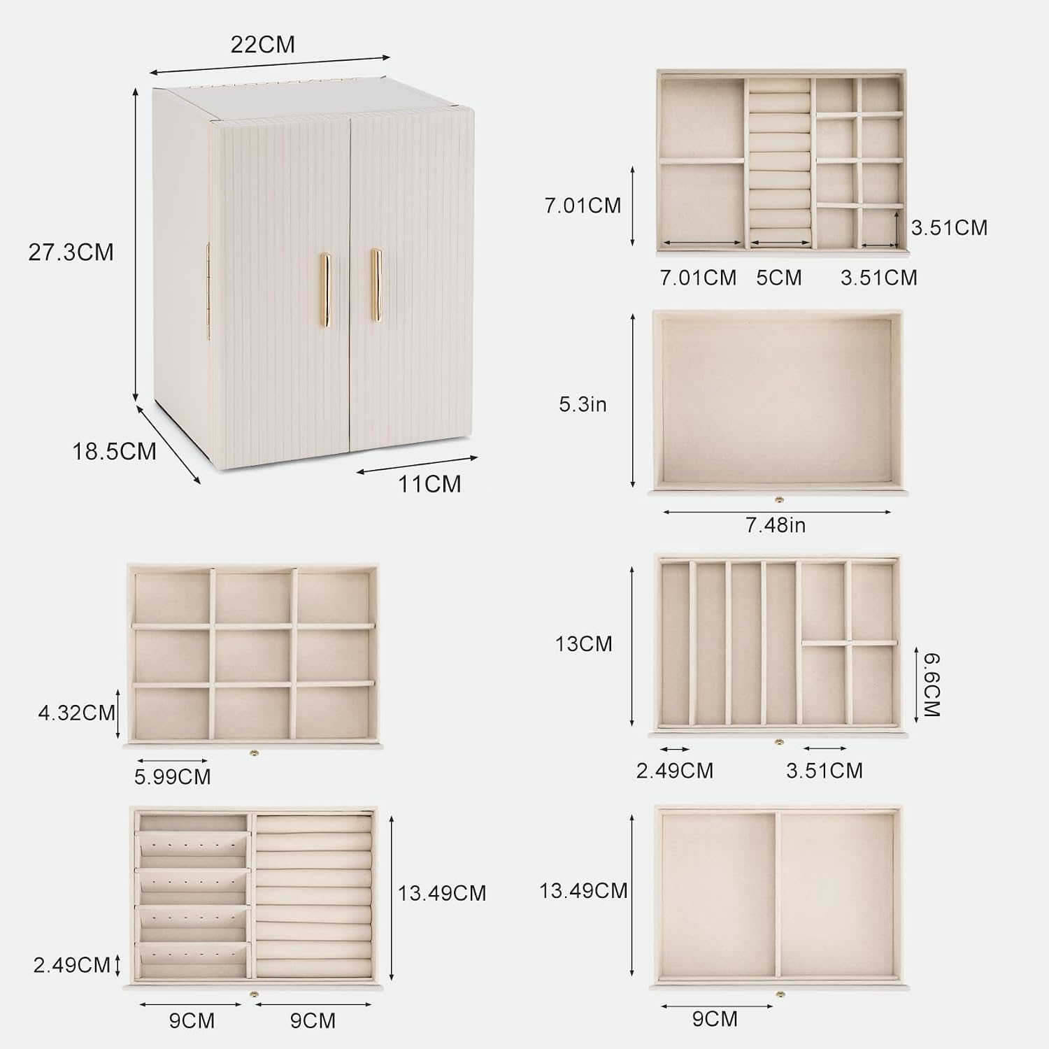 Detalle de Dajasan Groß Schmuckaufbewahrung – 6 Ebenen Schmuckkästchen mit Spiegel, Ledertextur und Doppeltür (Beige)