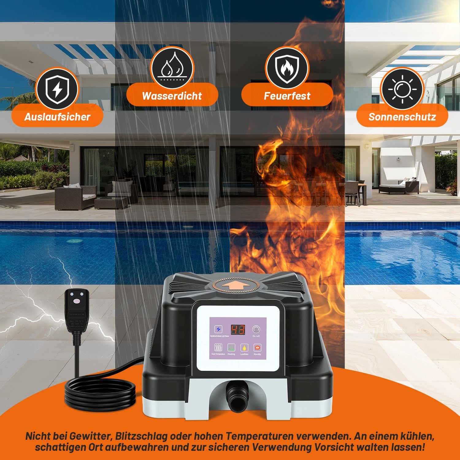 Detalle de Hebitod Riscaldatore per Piscina 3 kW: calore affidabile all’aperto (32–38 mm) con display