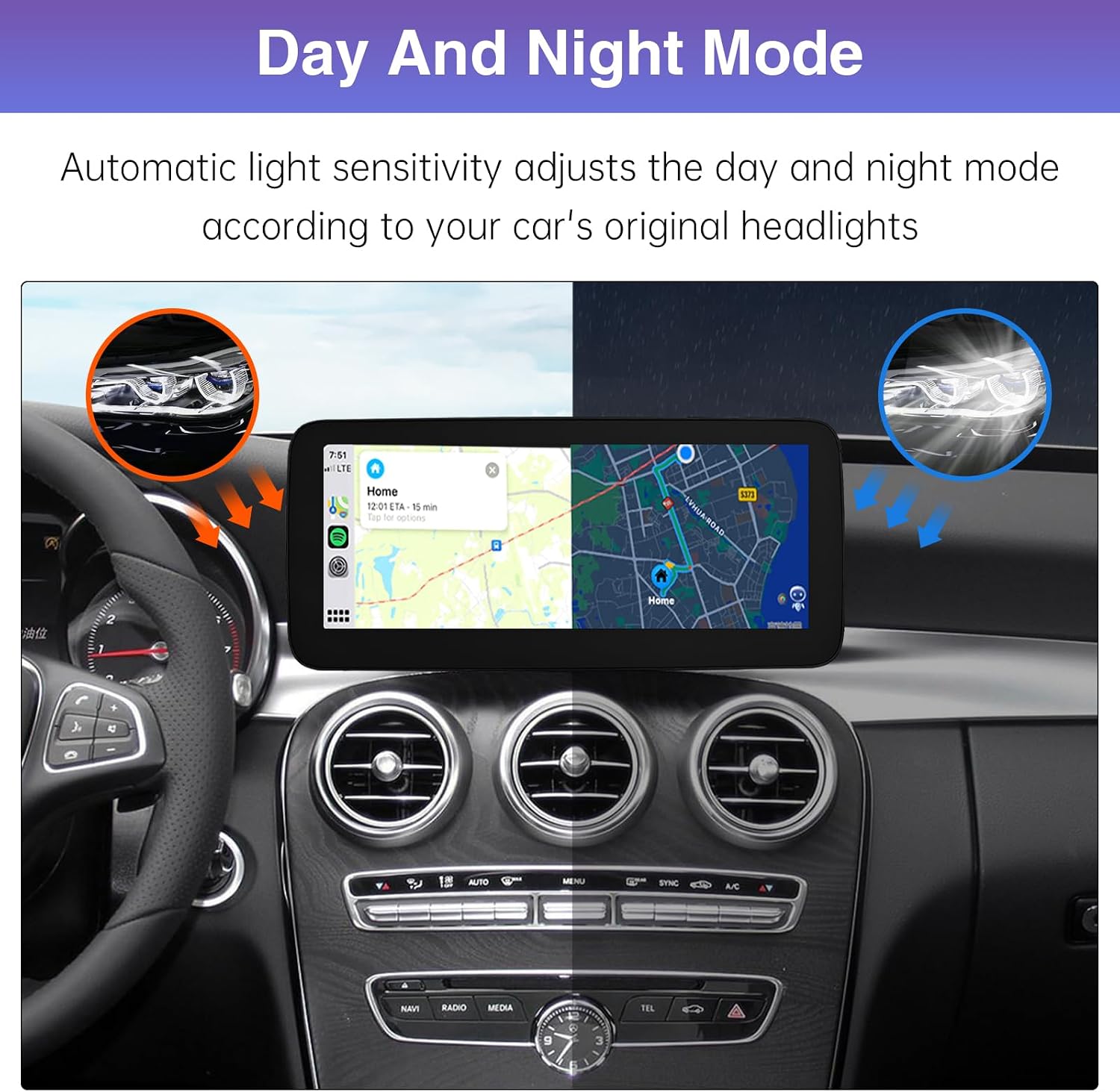 Detalle 2 de Road Top Autoradio da 10,25 pollici con CarPlay senza fili e Android Auto per Mercedes NTG5.0/5.1/5.2 (W205/W447, 2016-2018)