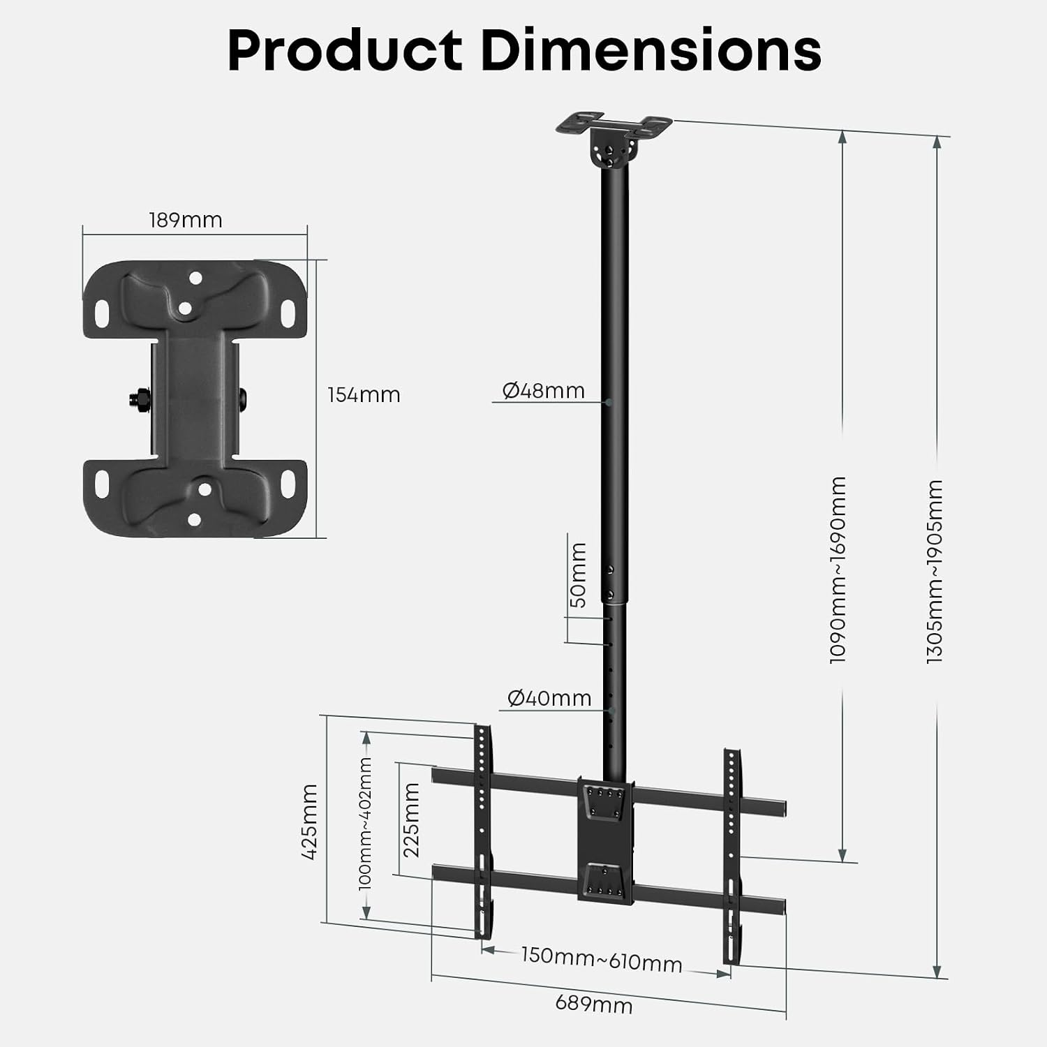 Detalle de Extra Long Ceiling TV Mount for 43–86 Inch TVs with Height Adjustable Extension Pole