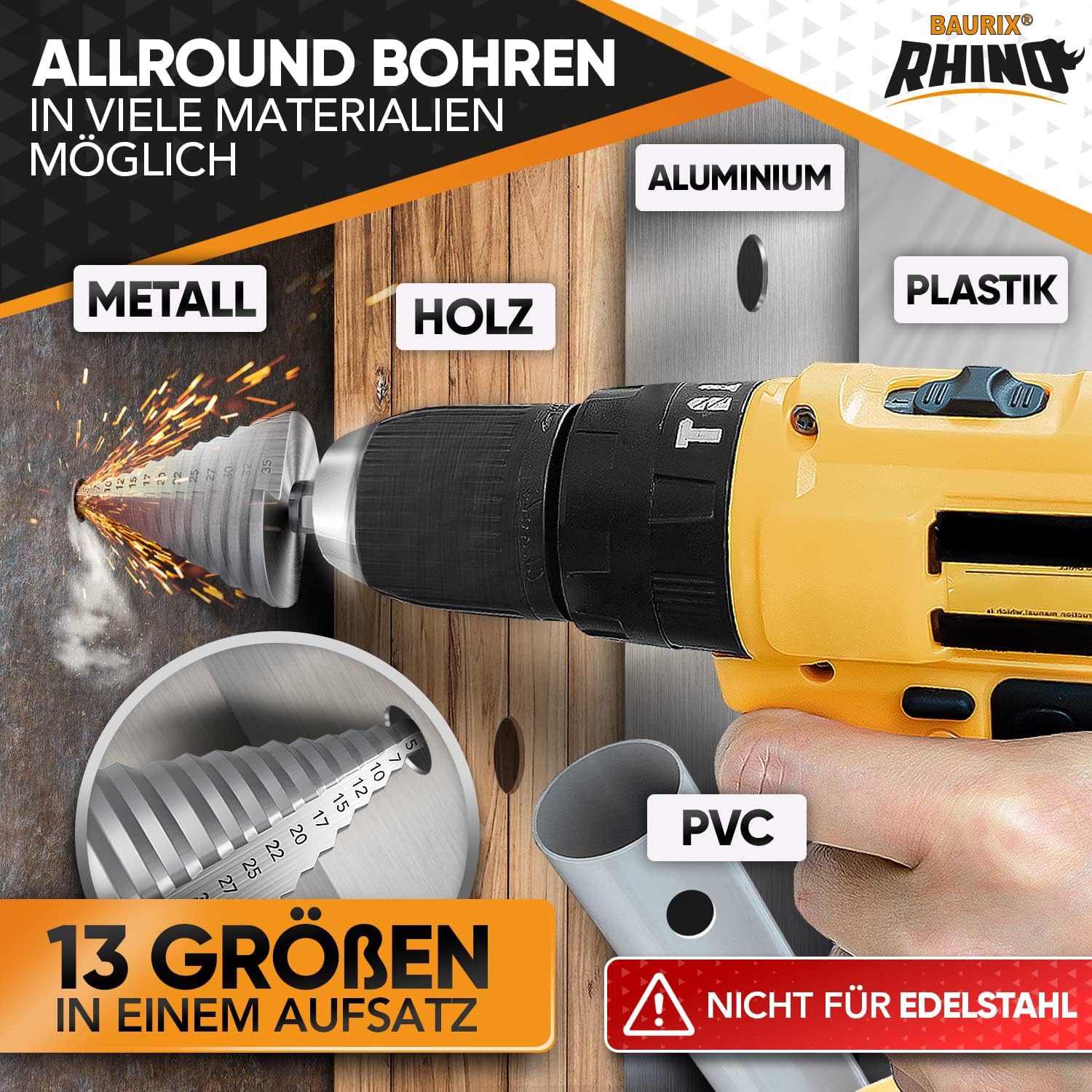 Thumbnail 2 de BAURIX® RHINO® Fresa a Gradini HSS [Ø 5‑35 mm] con alesaggio triangolare da 10 mm