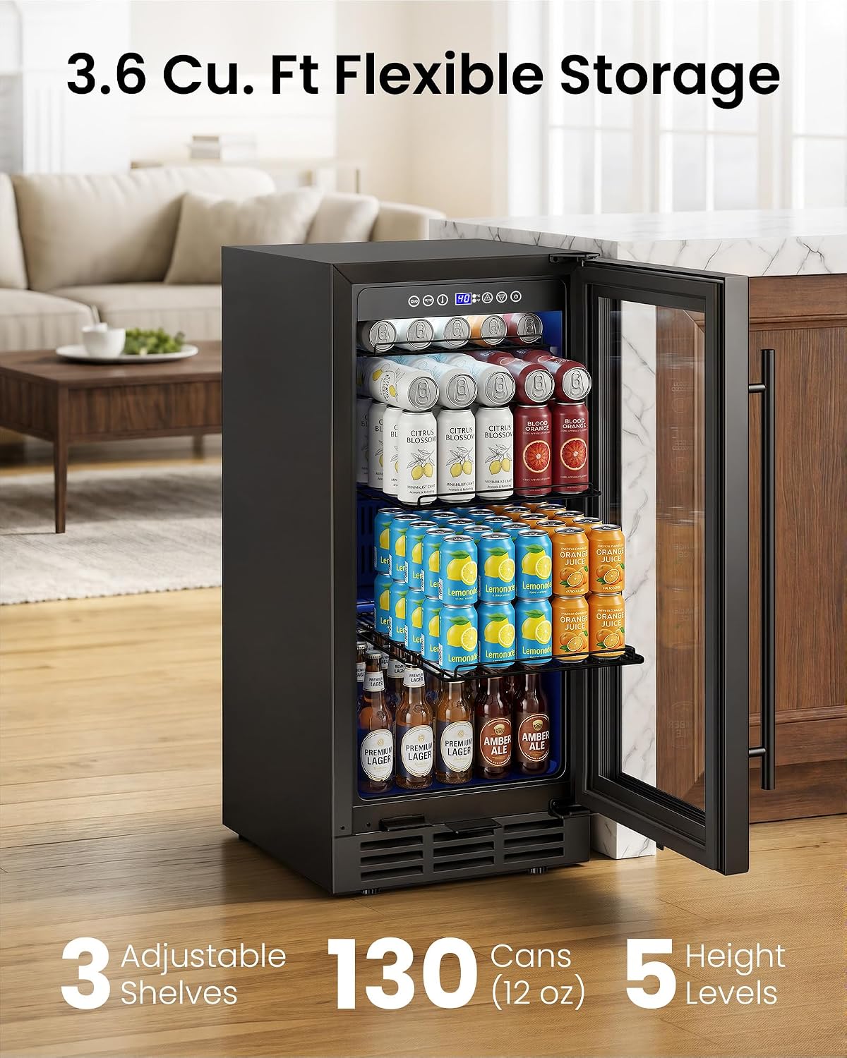 Detalle de ICEVIVAL BRU-03 15-Inch Beverage Refrigerator, 130-Can Capacity, Glass Door