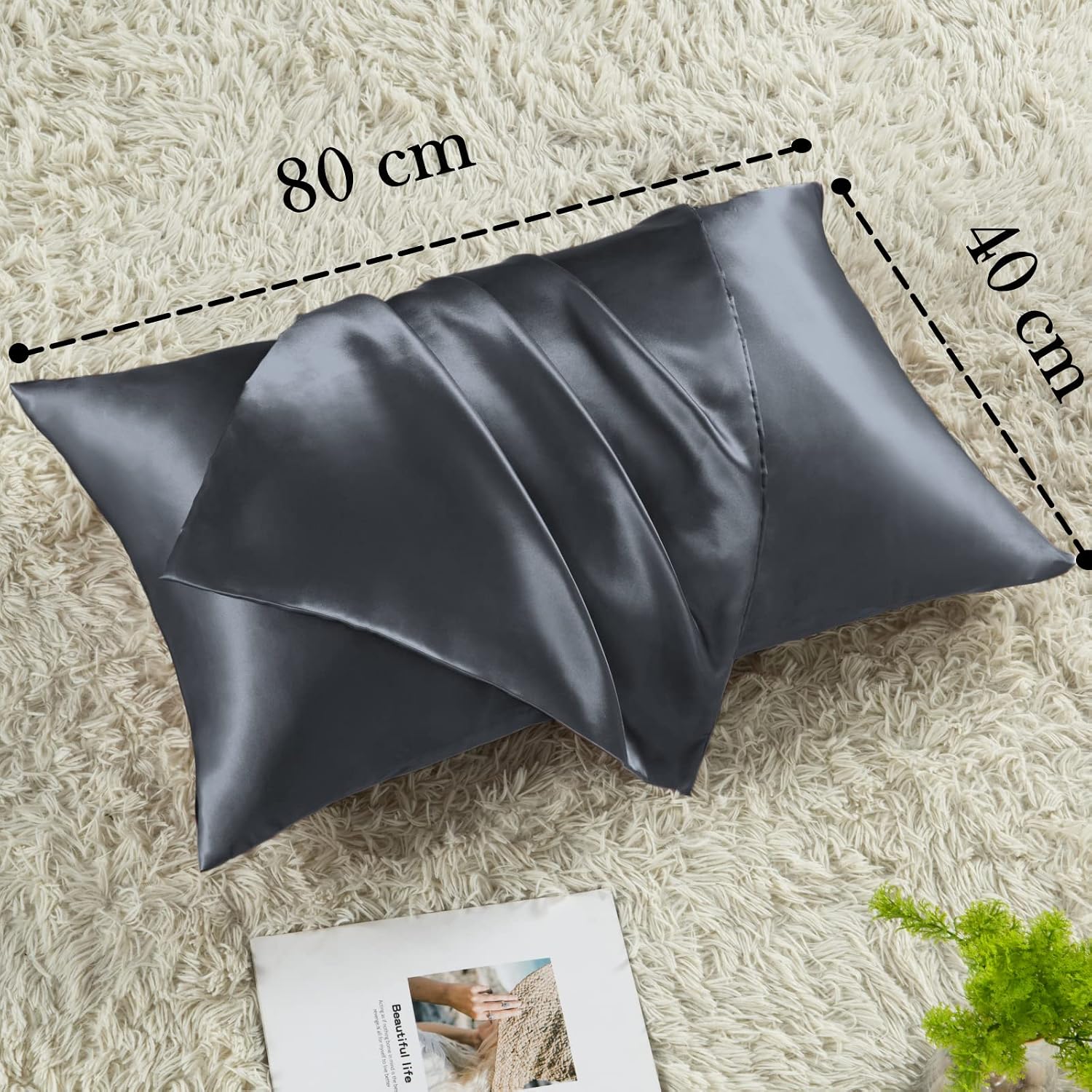 Thumbnail 3 de Vielit 2er-Set Satin-Kissenbezüge 40 x 80 cm Dunkelgrau – weich wie Seide, mit Haarbändern