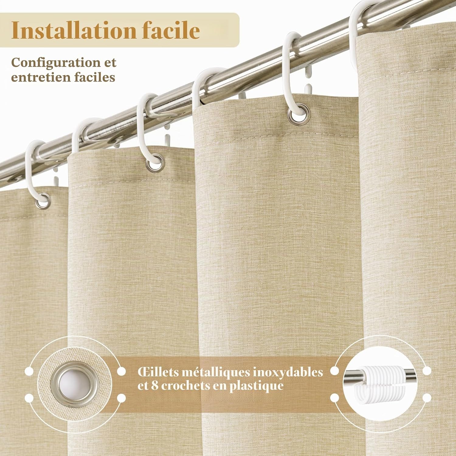 Detalle de EurCross Rideau de douche en lin texturé beige 120x180 cm – imperméable et lavable