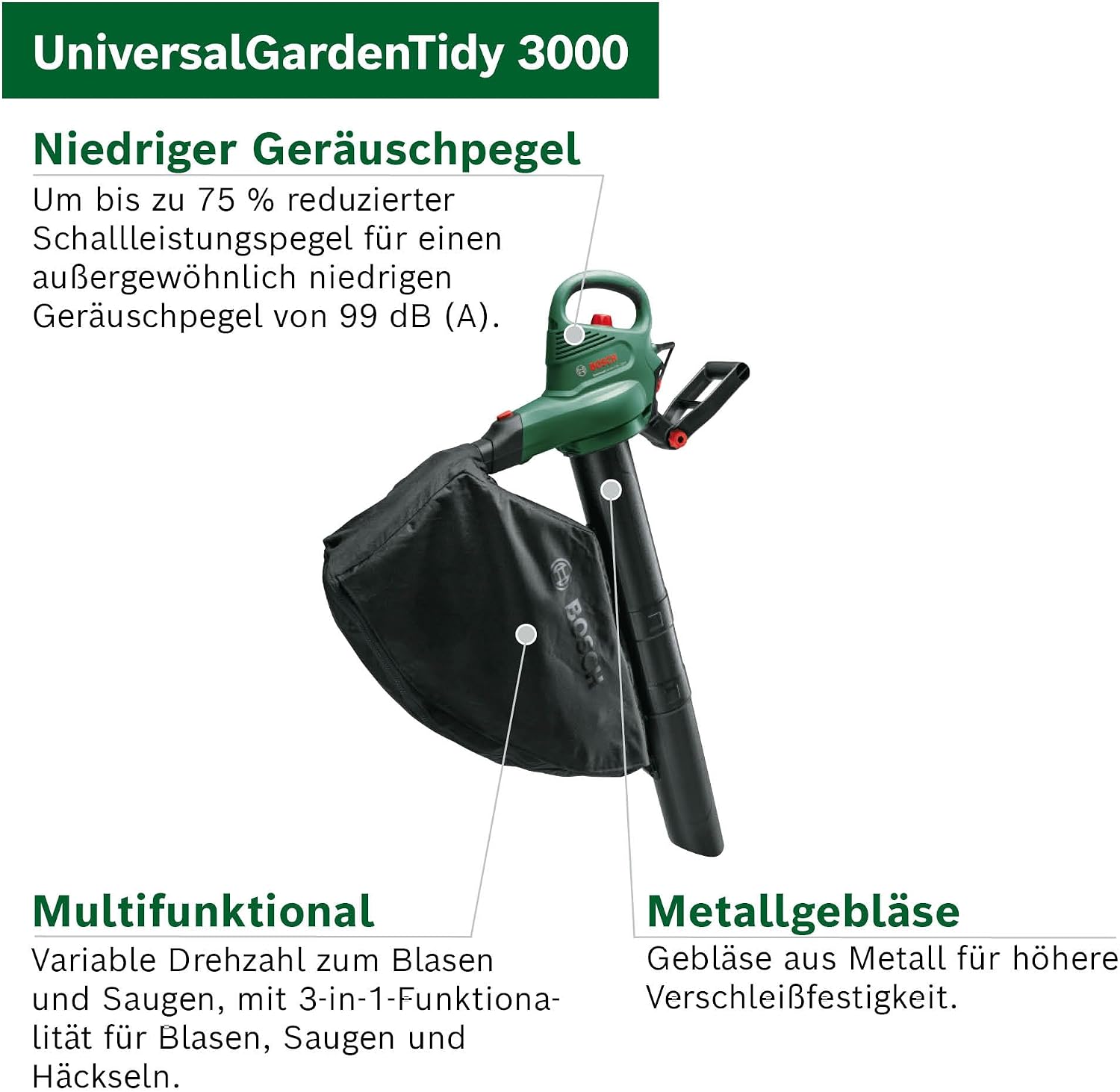 Detalle de Bosch UniversalGardenTidy 3000 Laubsauger/Laubbläser 3-in-1 (3000 W, 50 l Fangsack)
