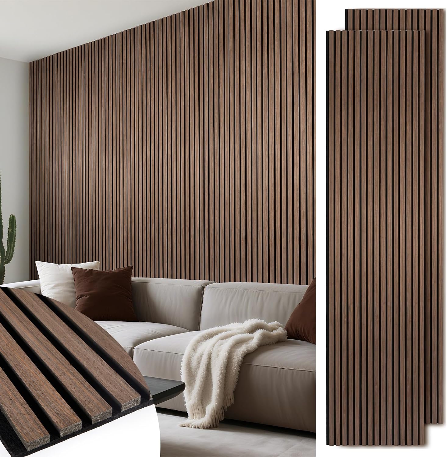 Detalle de LarWorks AP1062WN02-01 Acoustic Wood Slat Panels, Walnut, 3D Fluted, 2-Pack