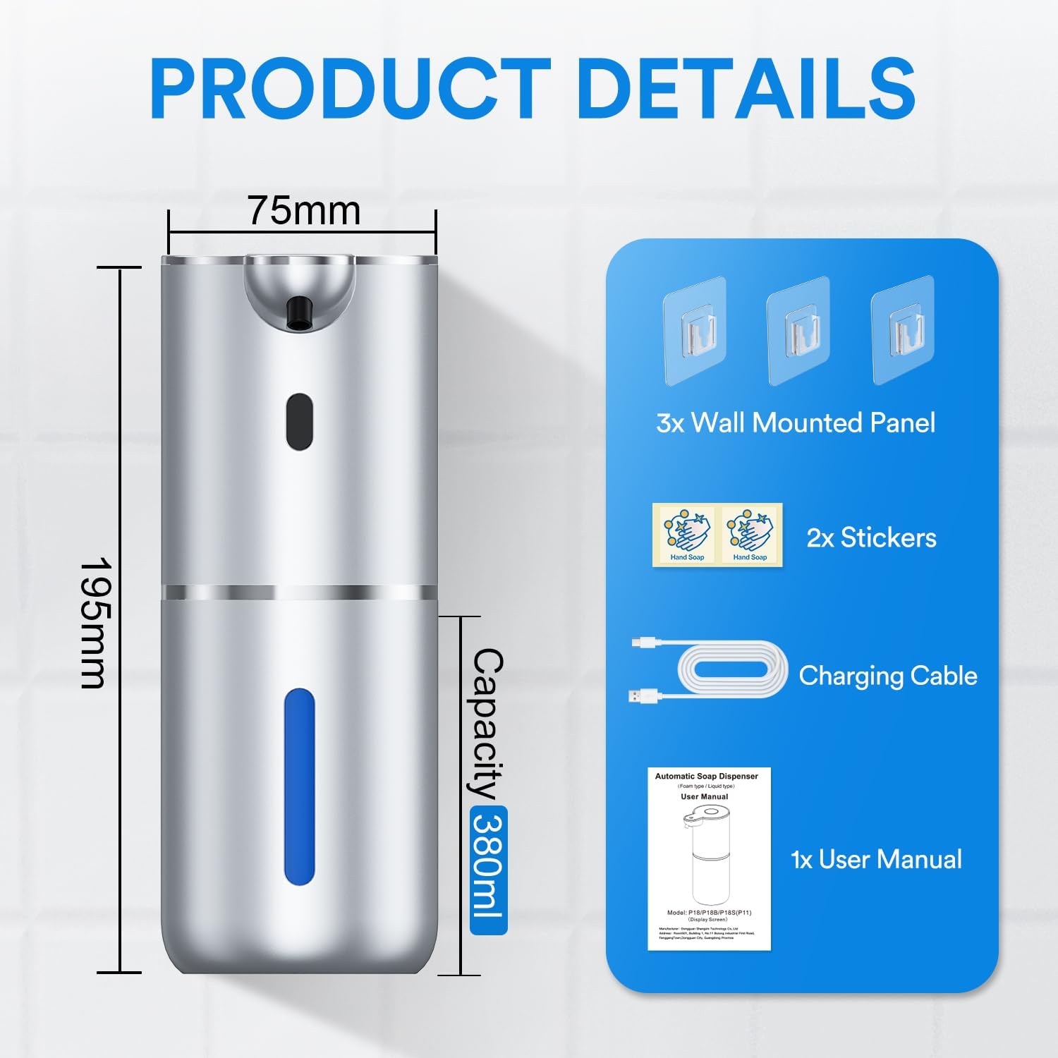 Thumbnail 6 de Fachixy Seifenspender Automatisch mit digitaler Anzeige – 380 ml, wandmontierbar, berührungslos, IPX5, USB-Aufladung