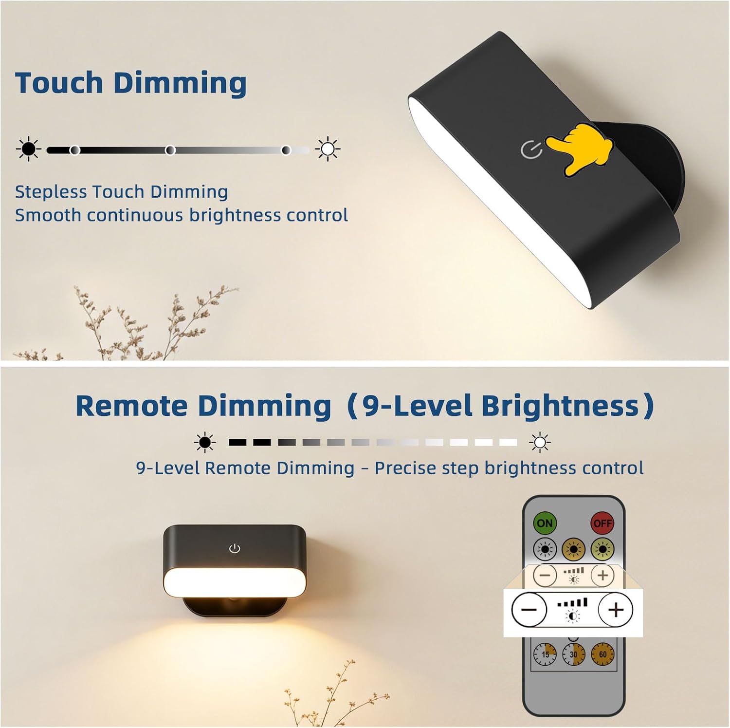 Detalle de Alinana LED Akku Wandleuchte Innen – 2er Pack, kabellos, Touch- und Fernbedienung, 3 Farben dimmbar und 360° drehbar