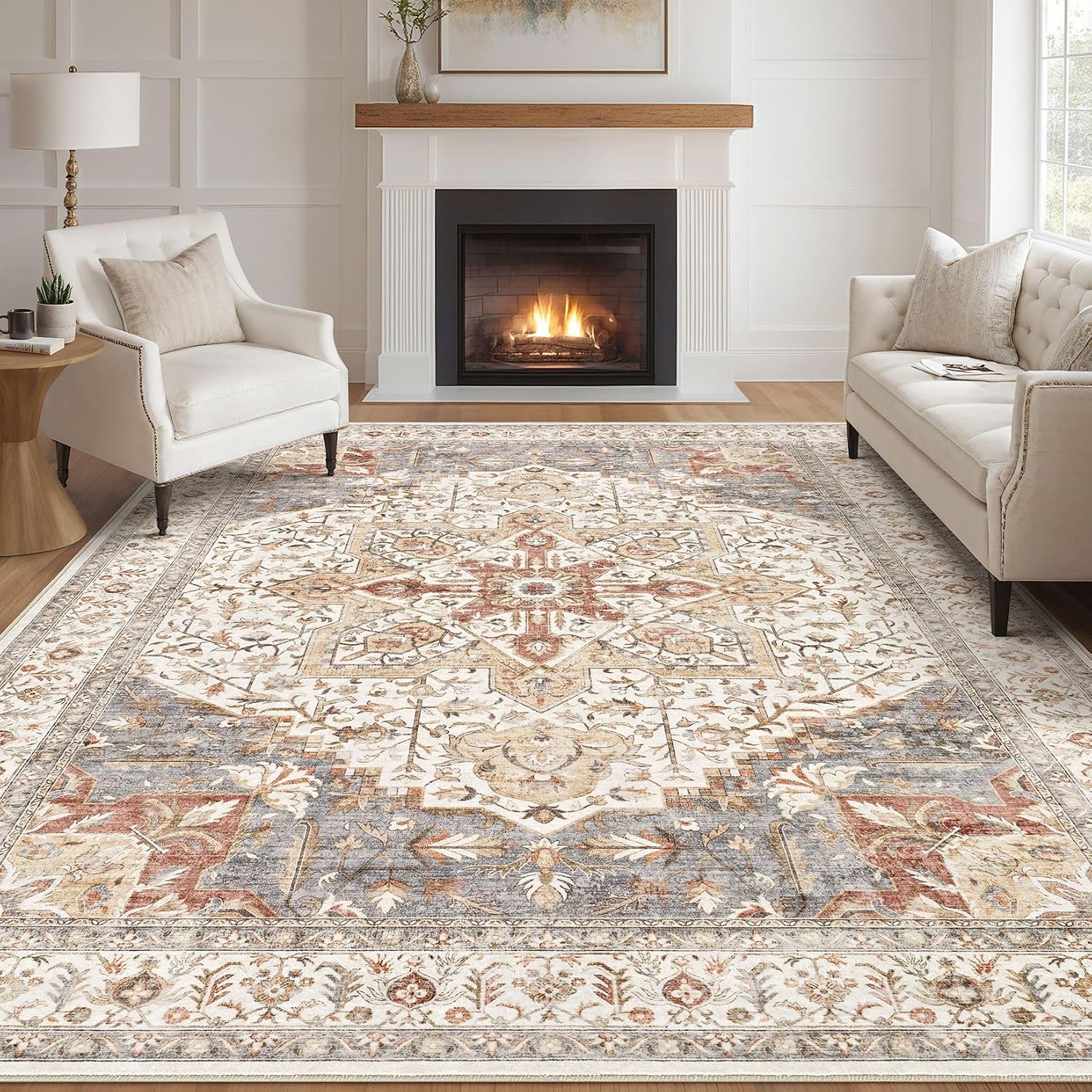 Detalle de Tortania Area Rug Living Room Rugs 9x12 Washable Boho Vintage Oriental Distressed (Orange Multi)