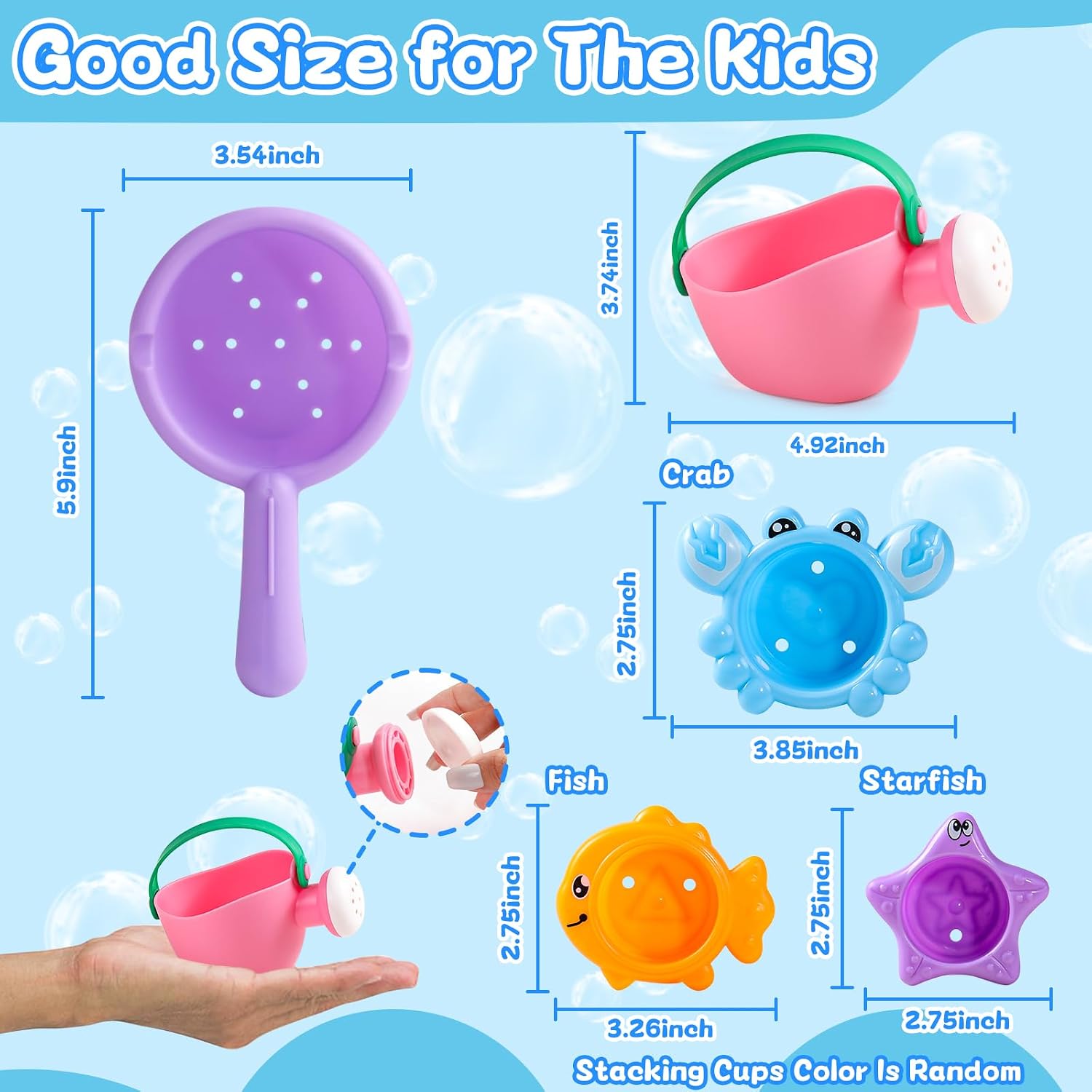 Detalle 2 de Bath Toys For 1 2 3 Year Olds – 5pc Mould-Free Toddler Bath Toy Set (Stacking Cups, Watering Can & Scoop)