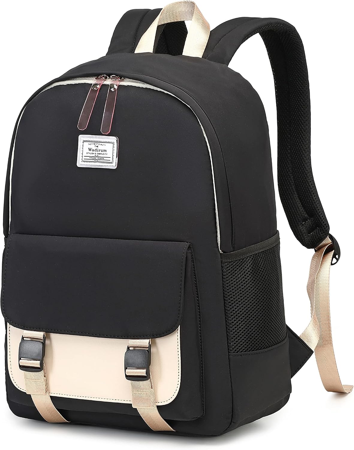 Detalle 2 de Wadirum sac à dos stylisé adolescent (fille/étudiant) noir et kaki, compartiment ordinateur et poches pratiques