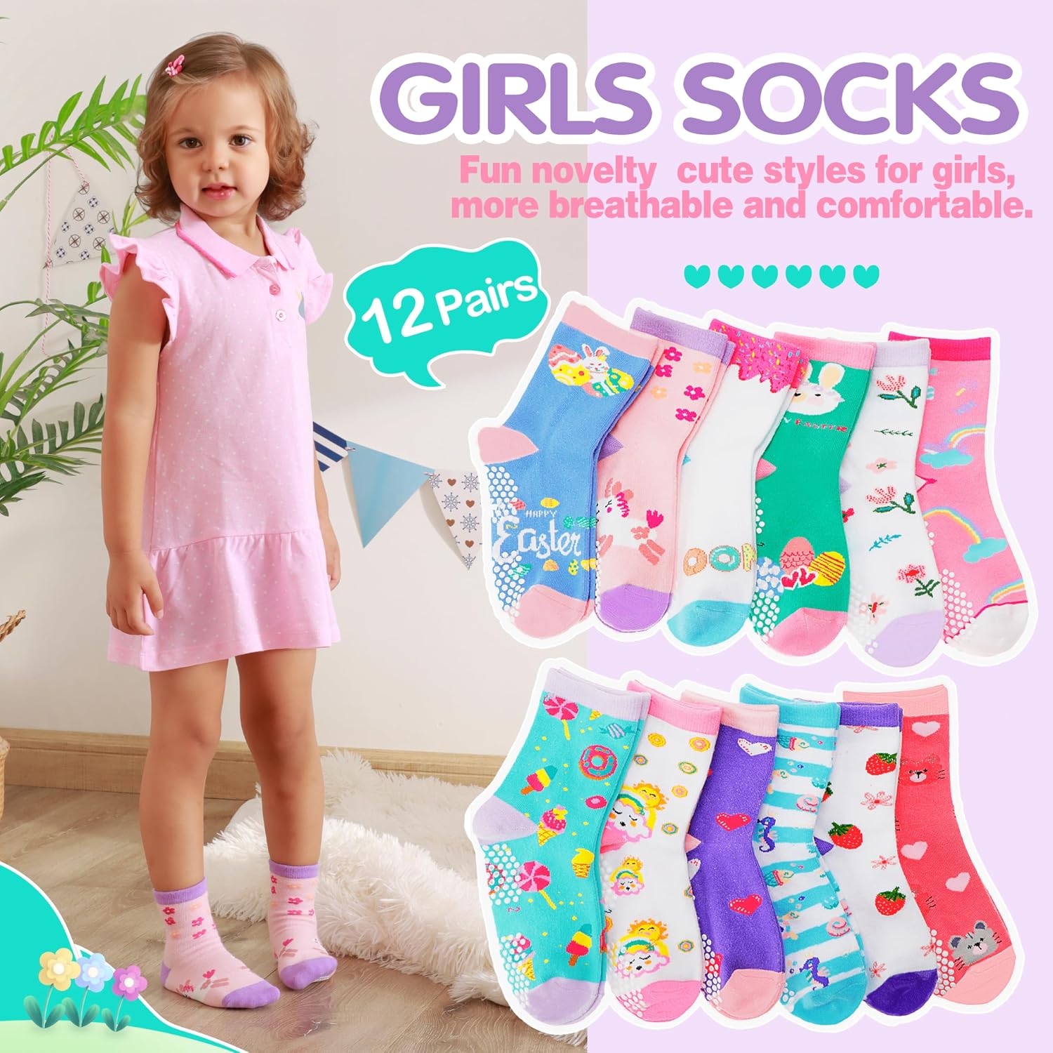 Detalle 2 de Welwoos 12-Pair Baby and Toddler Grip Socks, Cotton Crew with Animal Prints