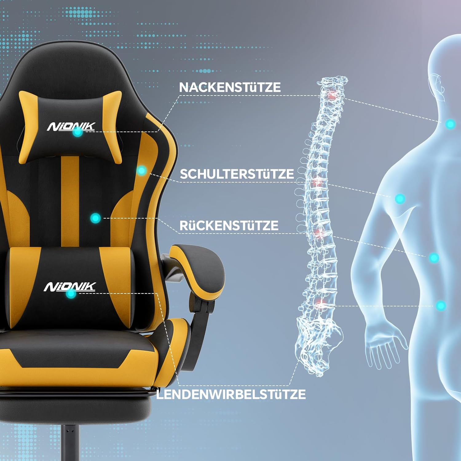 Thumbnail 4 de NIONIK Ergonomischer Gaming-Stuhl mit Fußstütze – Verstellbarer Computerstuhl mit Kopfstütze, Lendenwirbelstütze & Höheneinstellung (Orange BY)