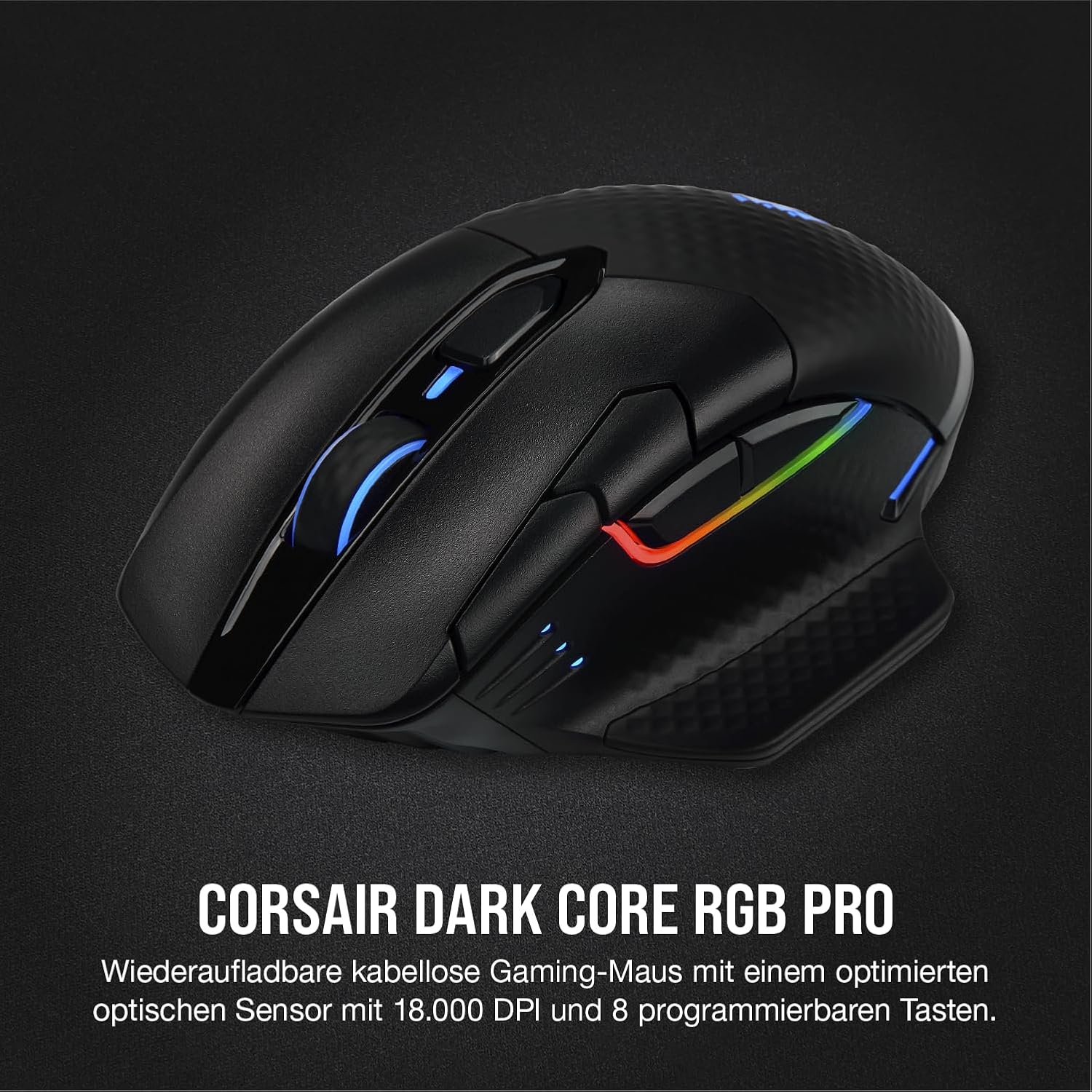 Detalle de CORSAIR DARK CORE RGB PRO Wireless Gaming-Maus mit Sub-1ms Slipstream & iCUE – 18.000 DPI, 8 programmierbare Tasten