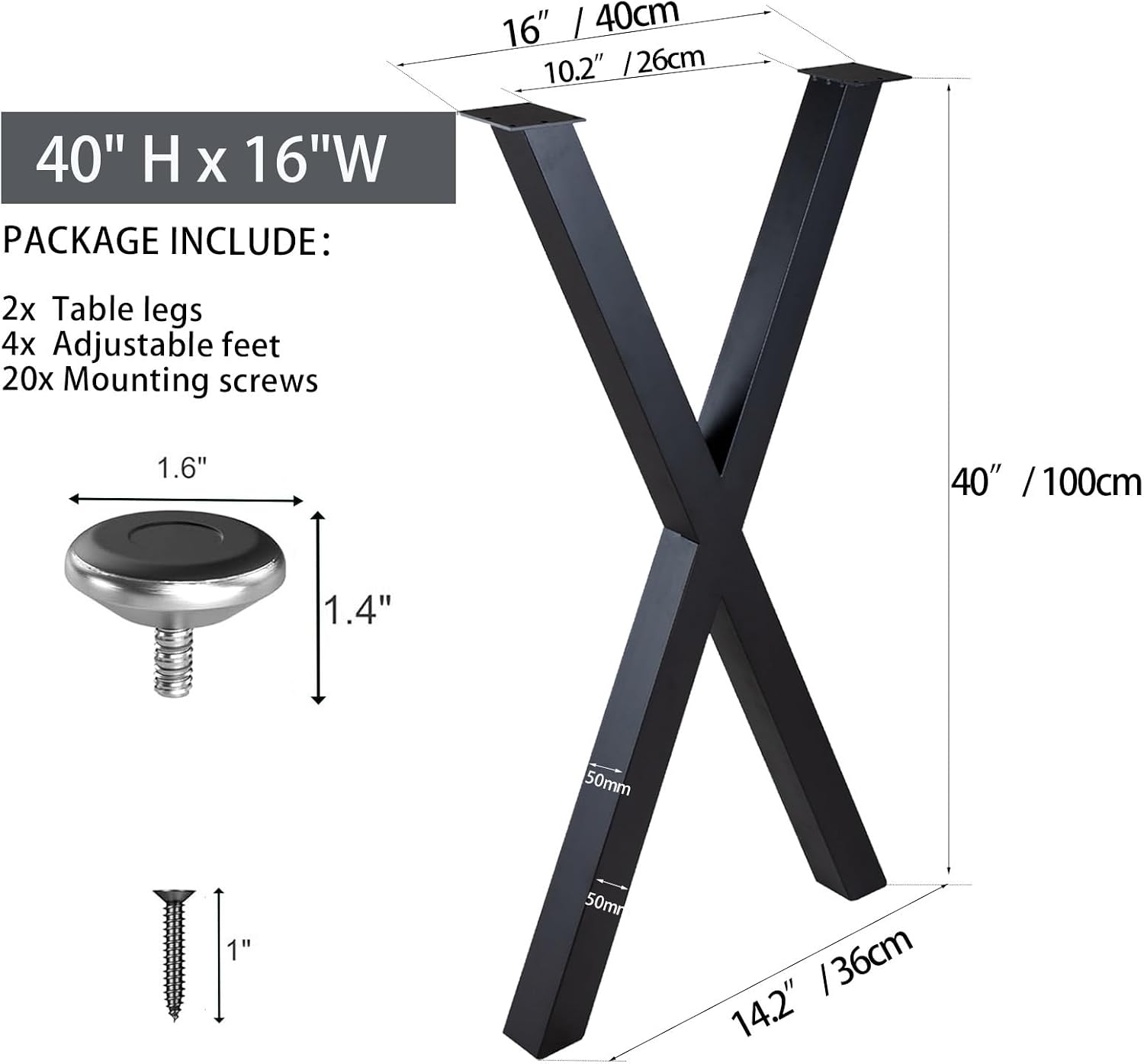 Thumbnail 5 de Telakeni FPLX-02 40-Inch X-Shape Metal Table Legs with Adjustable Feet