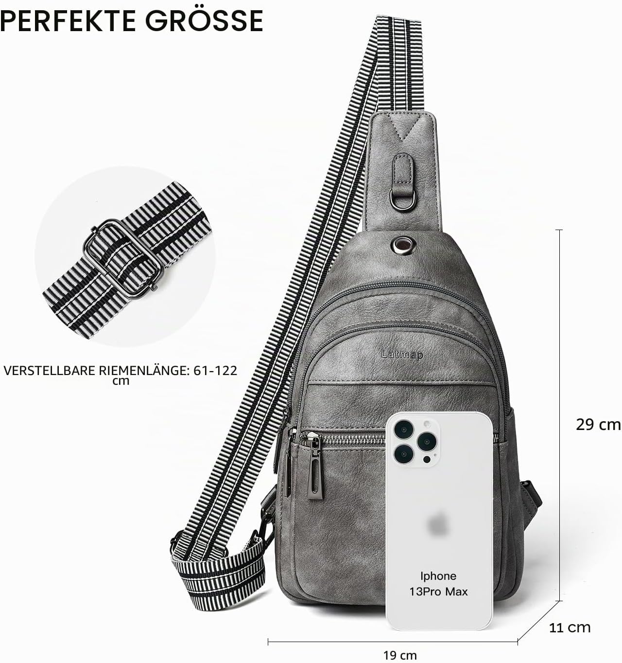 Detalle de LATMAP 7L Damen Bauchtasche Sling Bag – Crossbody, PU-Leder, 7 Liter, verstellbarer Trageriemen