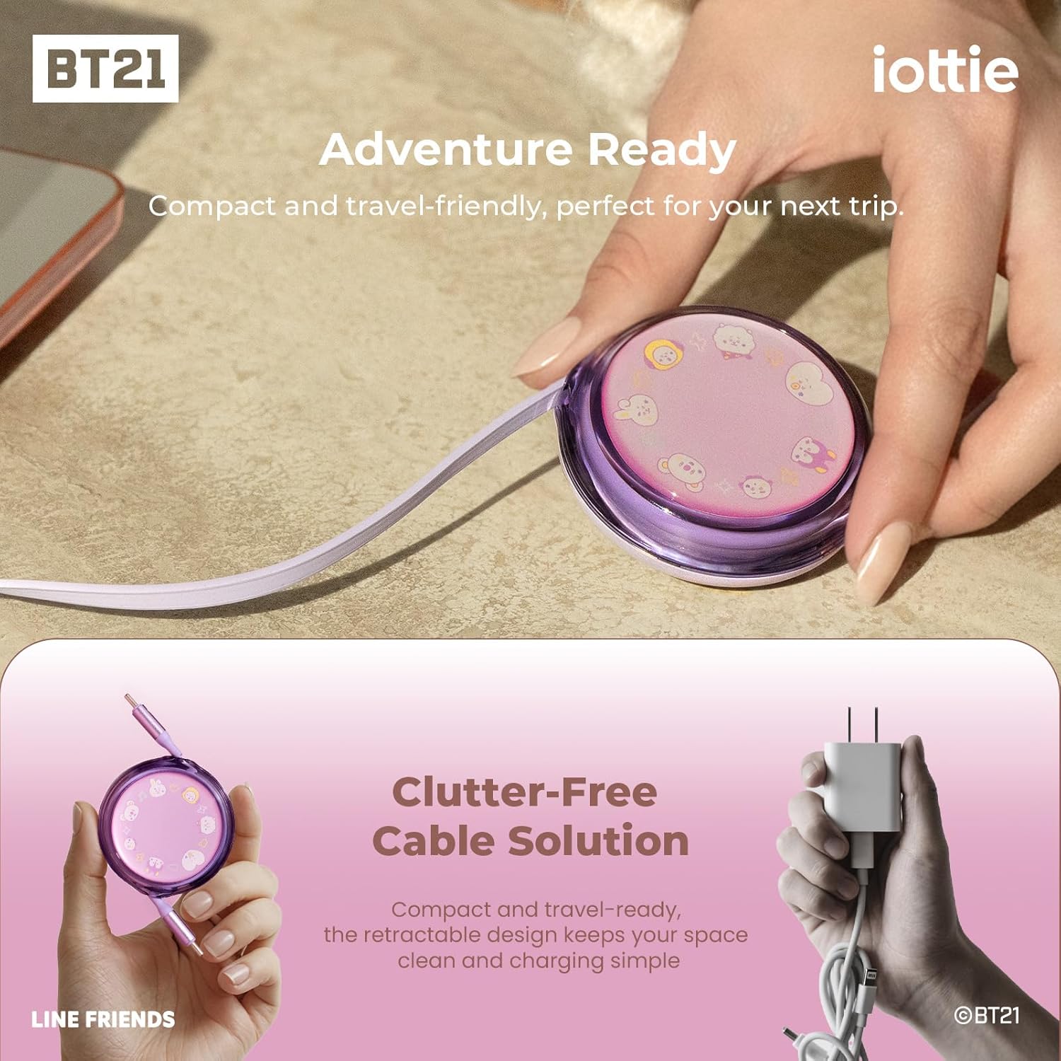 Detalle 2 de iOttie BT21 Retractable 100W USB-C Cable – 3-Length, Transparent Purple