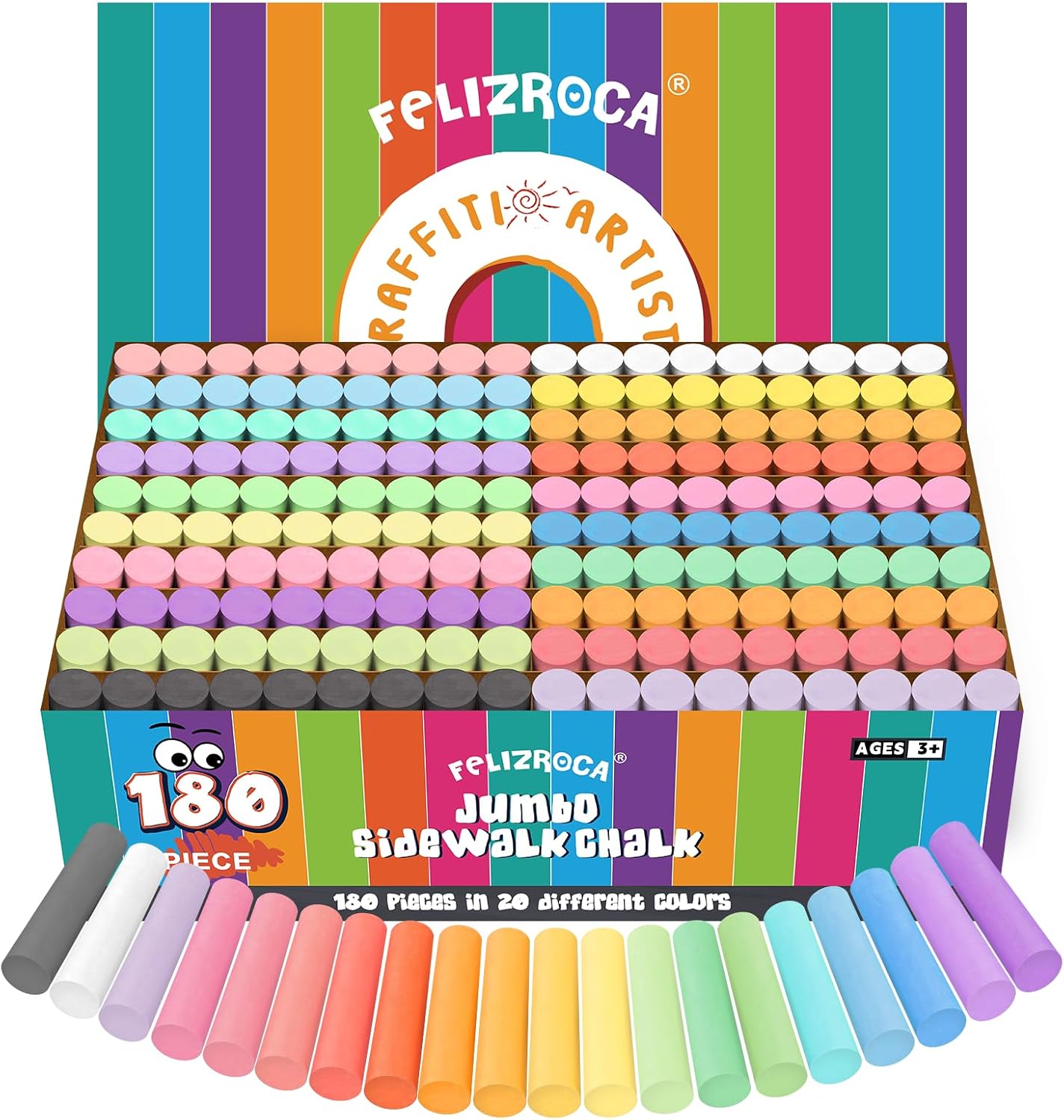 Detalle de FELIZROCA 180PCS Sidewalk Chalk Set in 20 Colors — Non-Toxic, Washable Outdoor Chalk for Kids