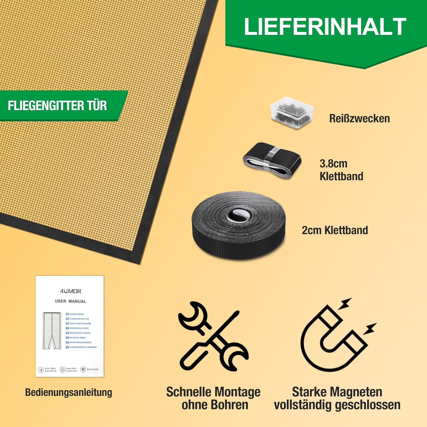 Thumbnail 6 de 4UMOR Fliegengitter Balkontür Magnet 90x190 cm – Insektenschutz ohne Bohren, 3,8 cm Klettband, schwarz