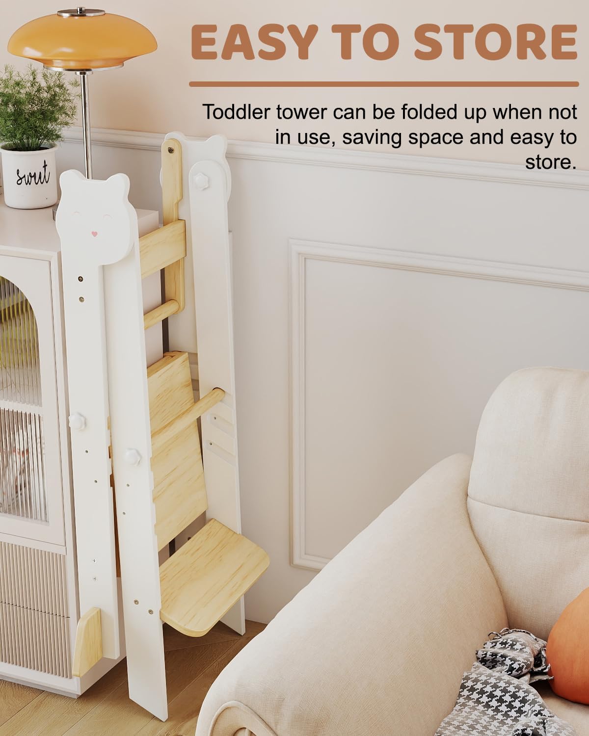 Detalle 1 de SOINMTY WJ03003-WT Wooden Toddler Tower, 3 Heights, Foldable, White