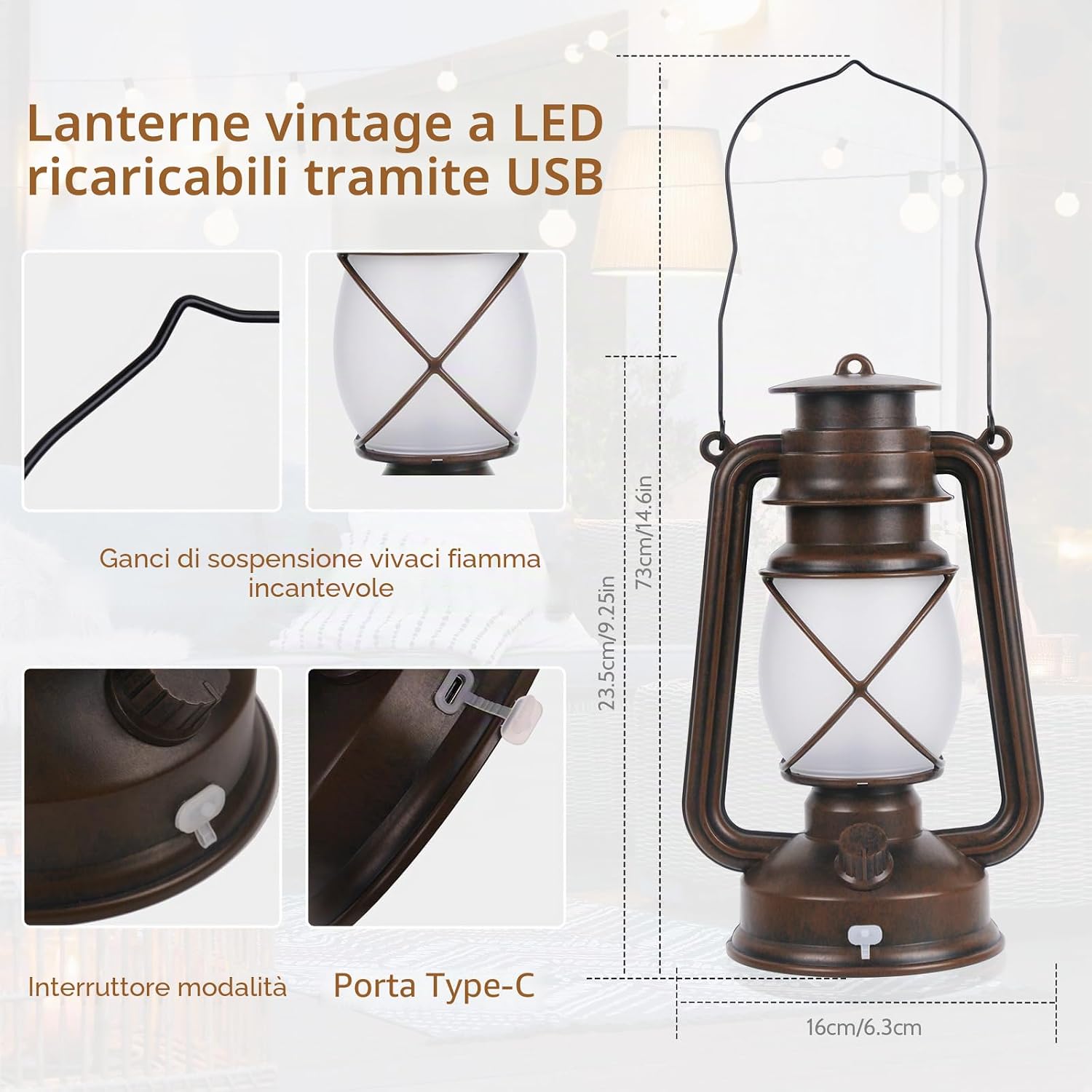 Detalle de Shinmax Lanterne esterne in stile retrò, 2 pezzi, lampade decorative a LED con telecomando e effetto fiamma