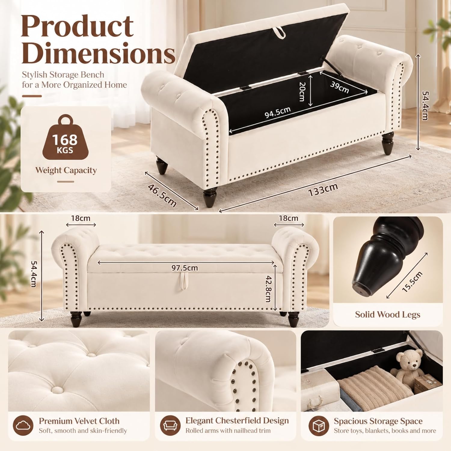 Detalle de Clevich CWD0043 opbergbank 133 cm, beige fluweel, tot 168 kg