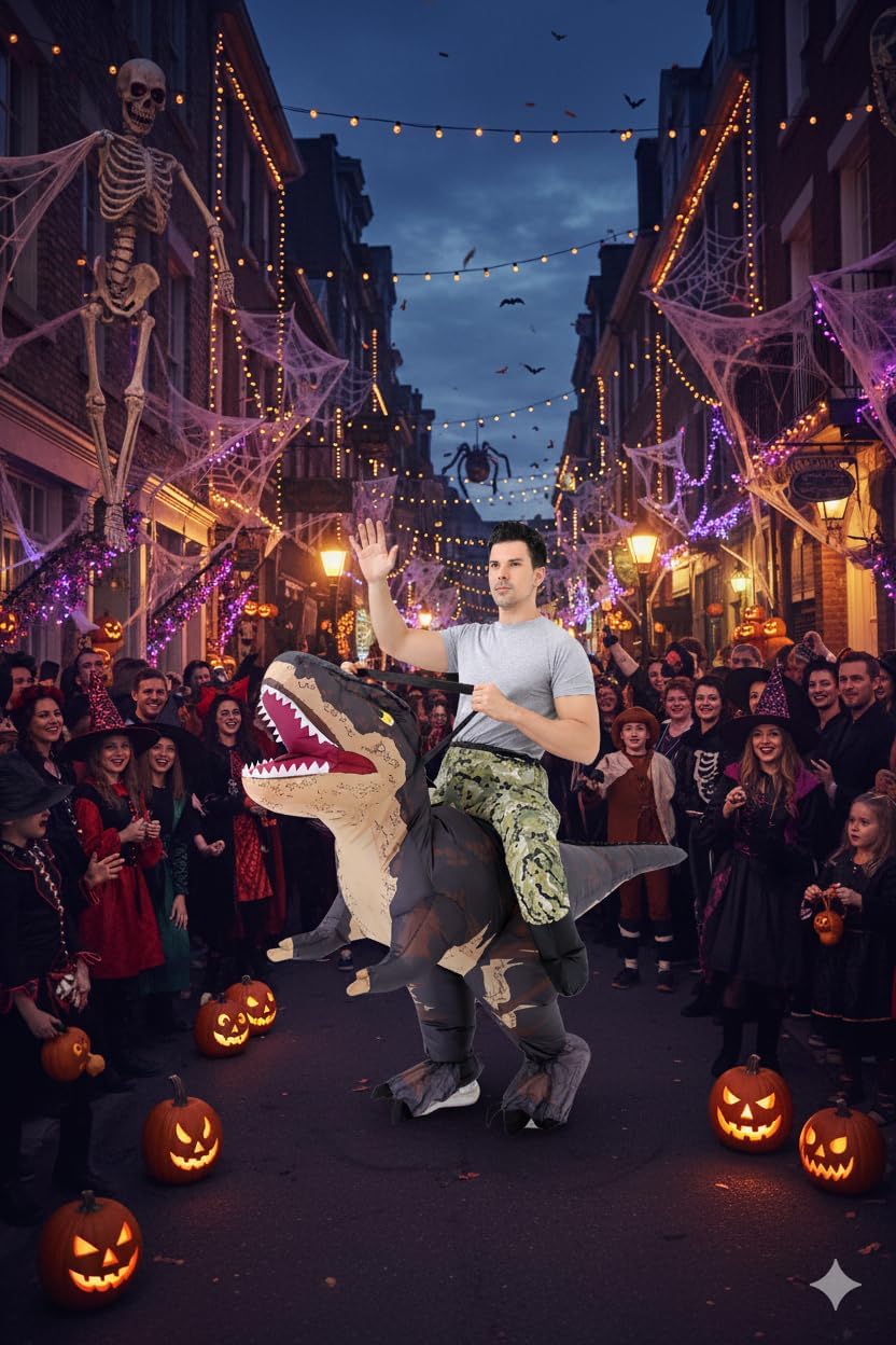 Thumbnail 4 de FUNFOCUS aufblasbares Dino-Kostüm für Erwachsene (Ganzkörper) – Luft-Dinosaurier für Fasching, Halloween & Party