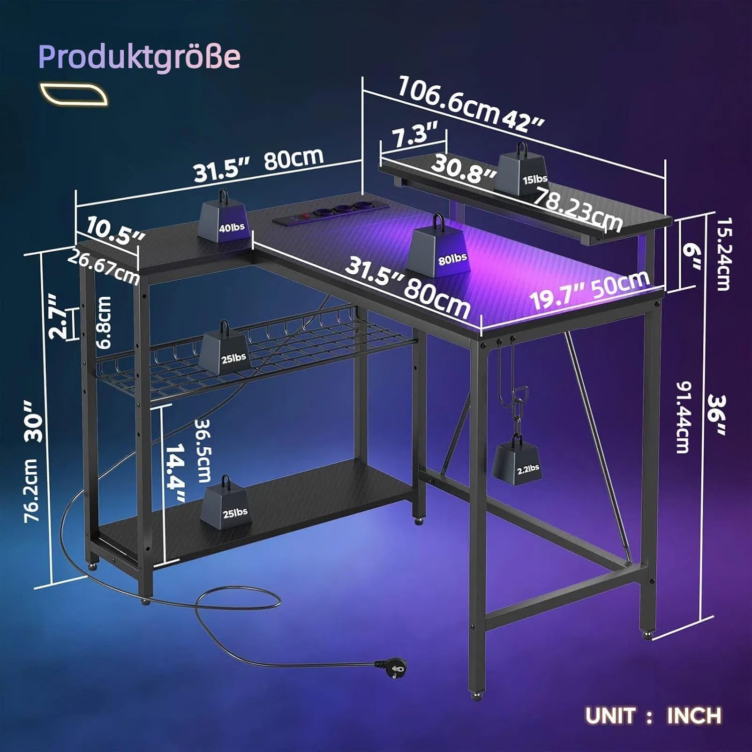 Thumbnail 2 de Bestier 106.5CM L‑Shaped Gaming Desk