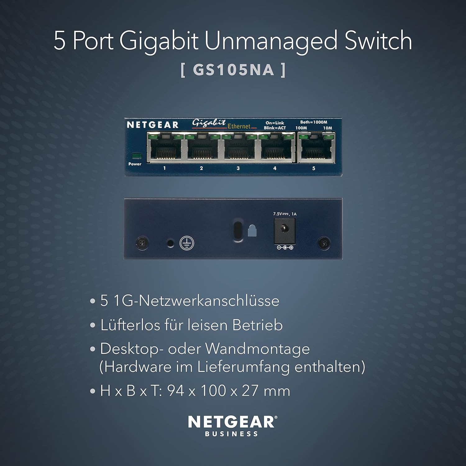 Detalle de NETGEAR GS105GE – 5-Port Gigabit Switch mit Plug-and-Play, lüfterloses Metallgehäuse
