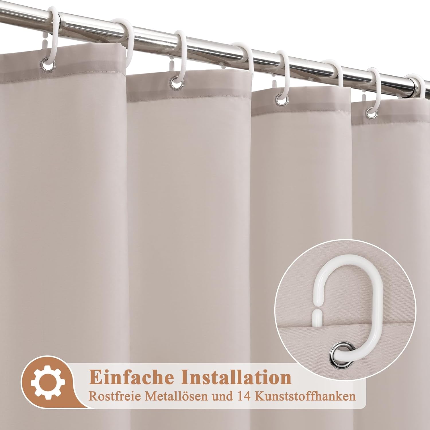 Detalle de EurCross Duschvorhang 200x180 cm sandfarben, wasserdicht & anti-Schimmel – mit 14 Ringen