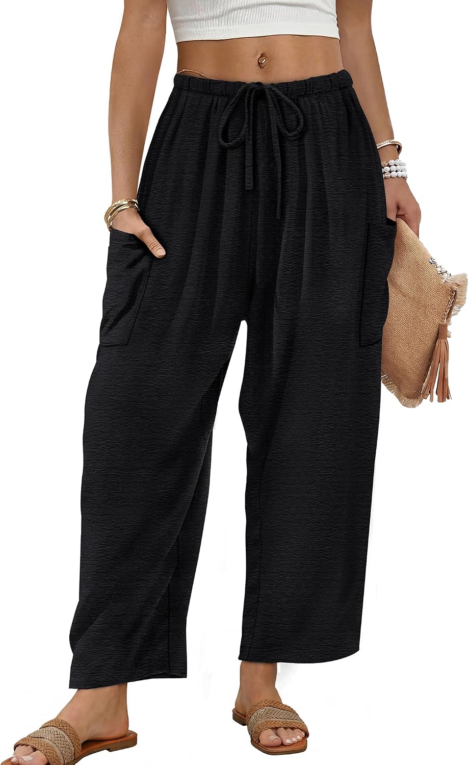 Detalle de Sampeel Wide Leg Pants for Women – Barrel Palazzo Elastic Waist with Pockets