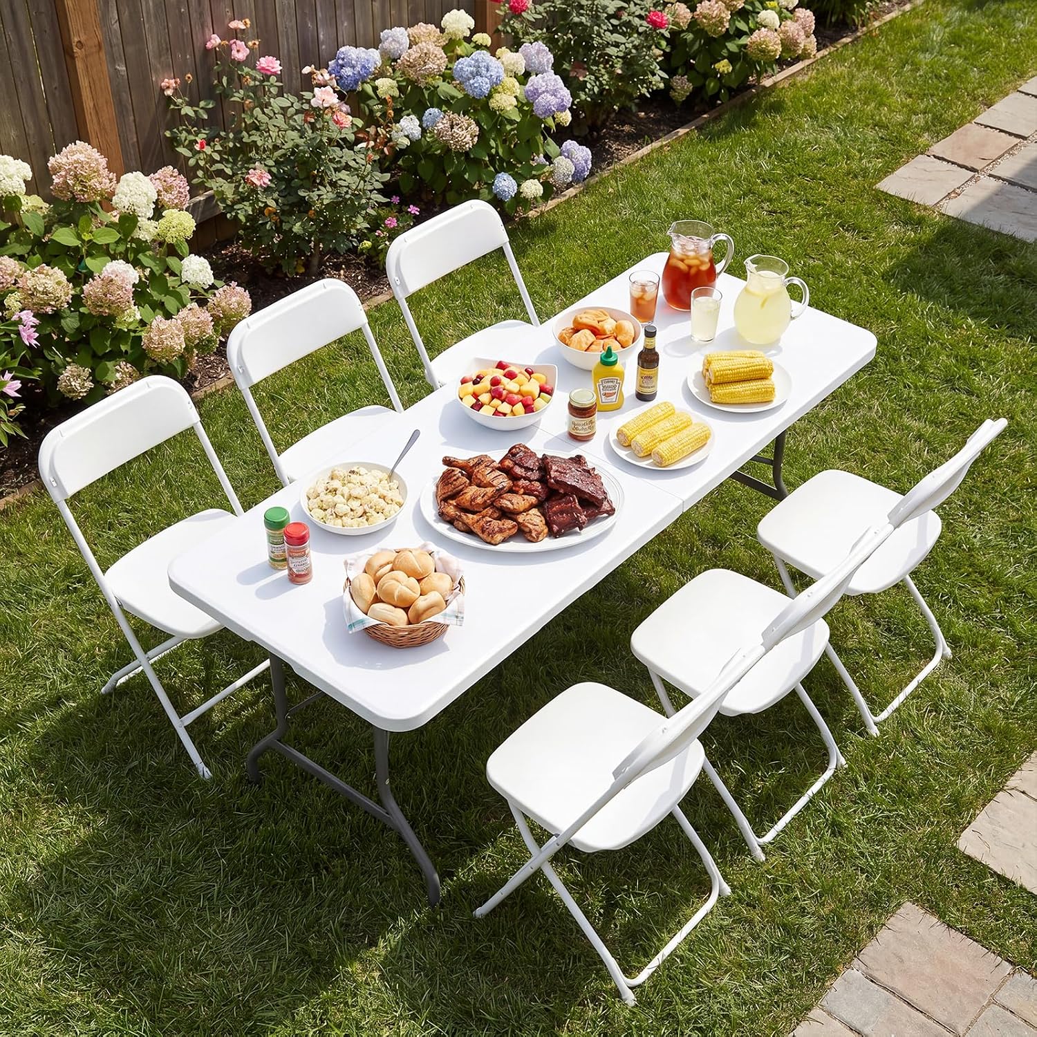 Detalle de DUMOS DM-ZDZ6FT-ZDY6P-WT Folding Picnic Table Set, 6 Chairs, White