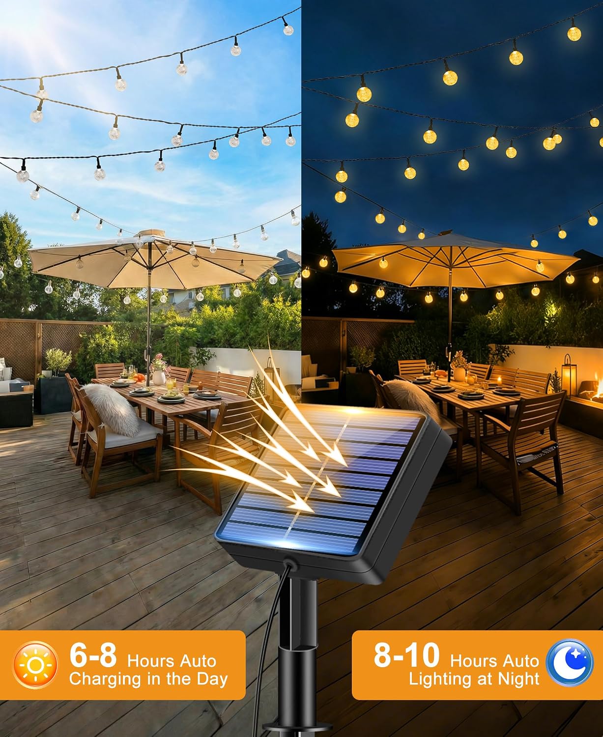 Detalle de btfarm 15 m Solar-Lichterkette mit 50 LED (Kristallkugeln) für außen – 8 Modi, warmweiß, IP65