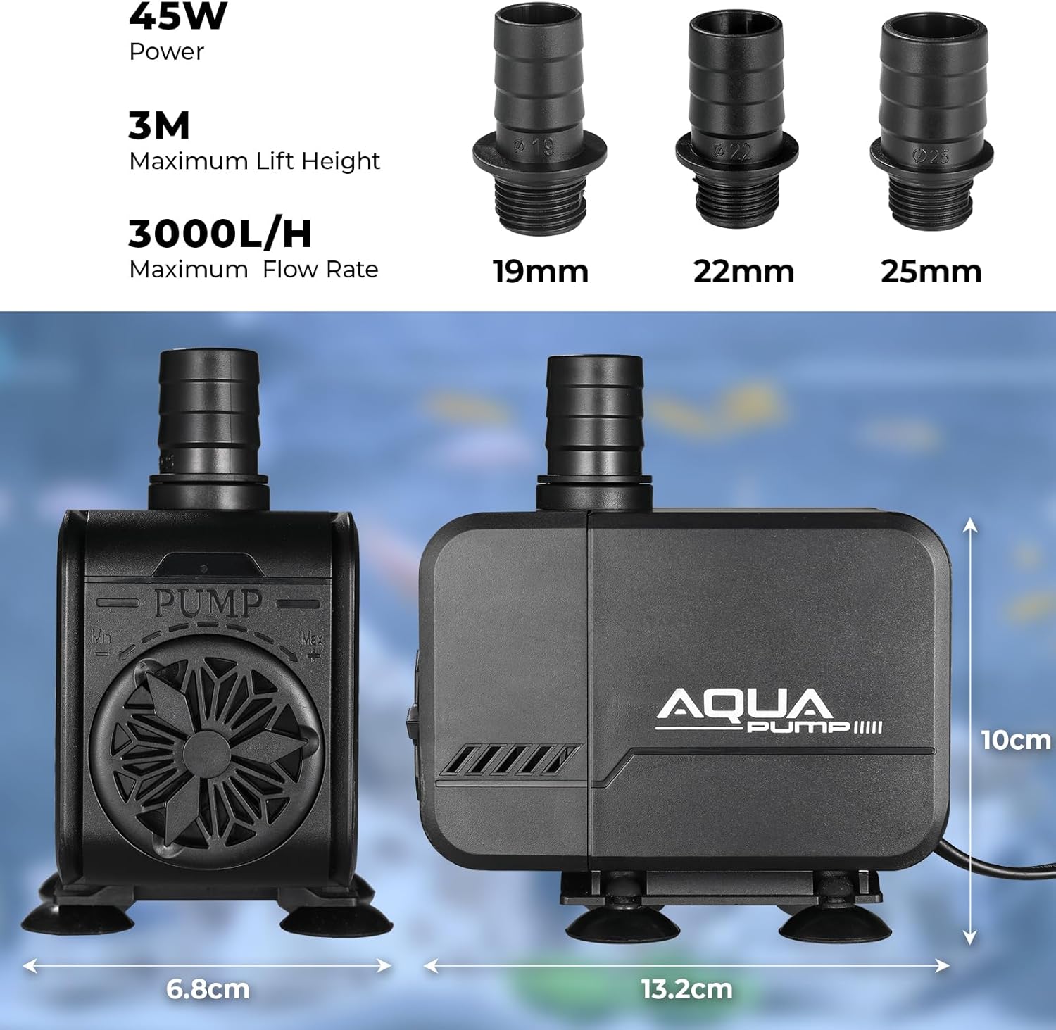 Thumbnail 1 de Pompe eau submersible 45 W 3000 L/h avec filtre et 3 buses (19/22/25 mm) – refoulement jusqu’à 3 m