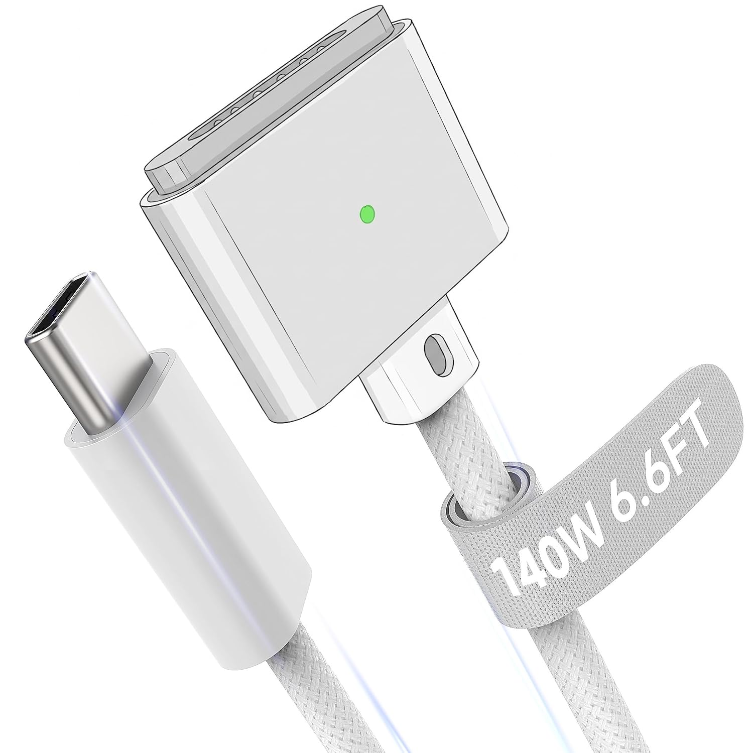Detalle de Hugener Magnetisch 3 USB-C Kabel 2m – 140W Magnet-Ladekabel mit LED, kompatibel mit MacBook Air/M Pro (M4/M3/M2/M1) 13–16 Zoll, Weiß