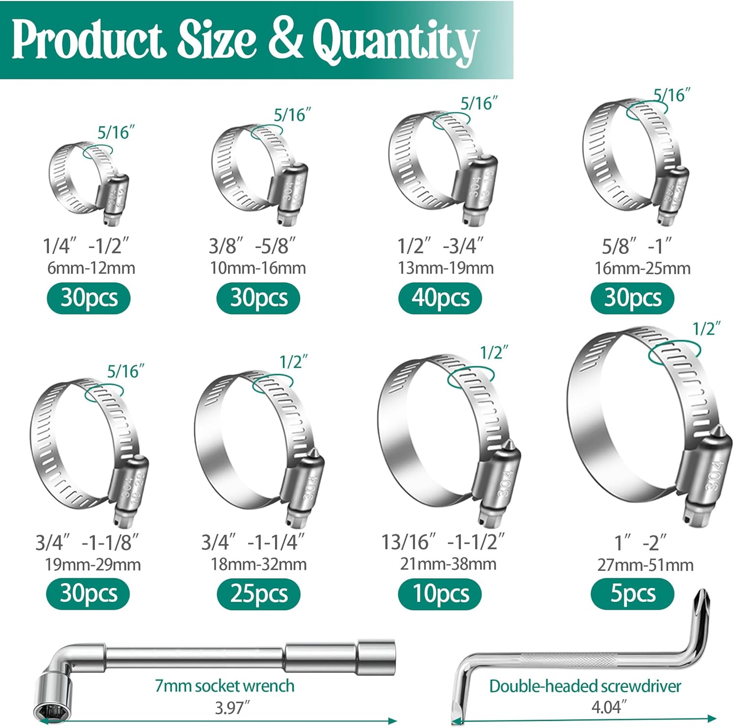 Thumbnail 2 de Dianrui 202-Piece 304 Stainless Steel Hose Clamp Assortment (1/4–2 in / 6–51 mm) Kit with Screwdrivers