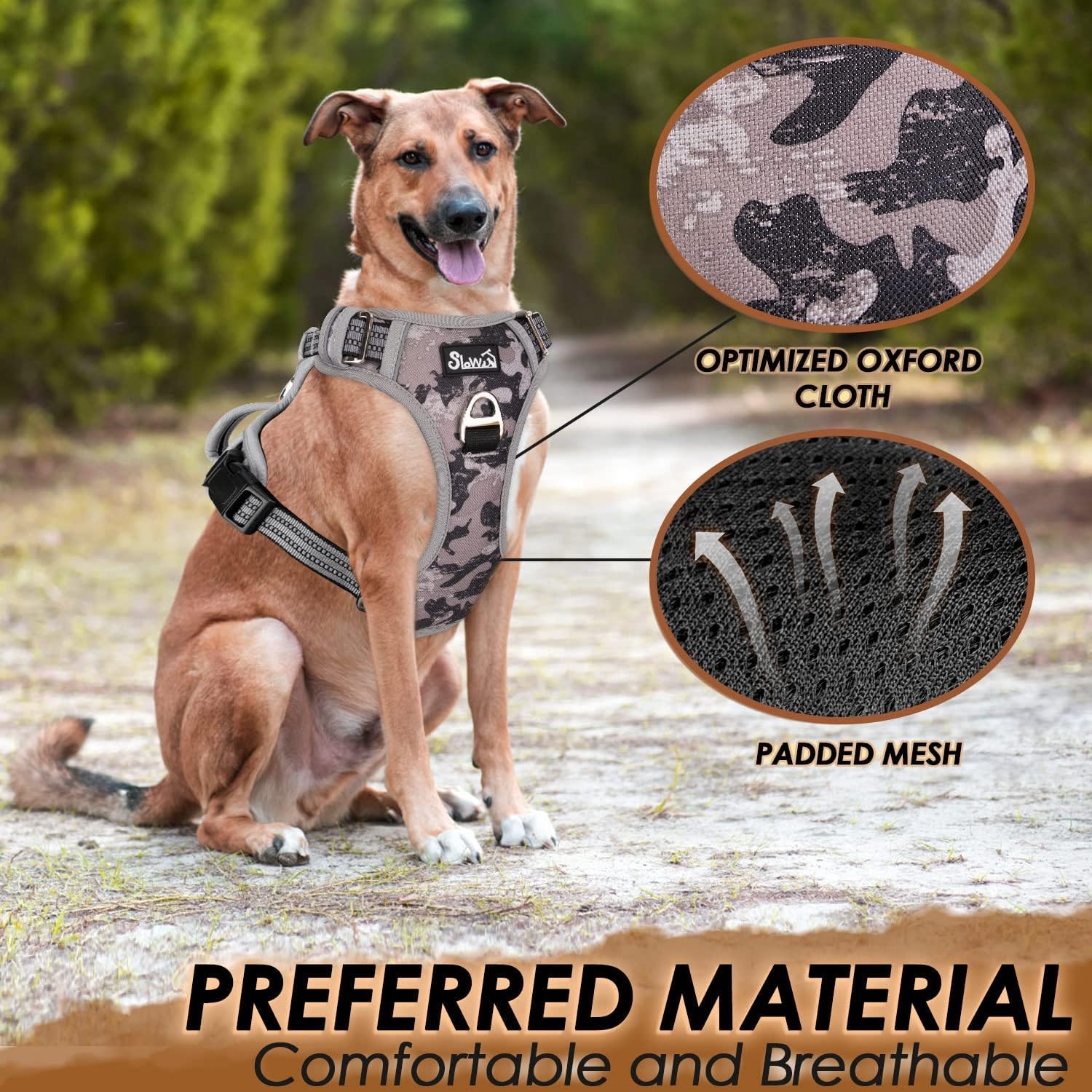 Detalle de Eyein No Pull Dog Harness Large (Camo Grey) – front clip control, padded handle & reflective straps