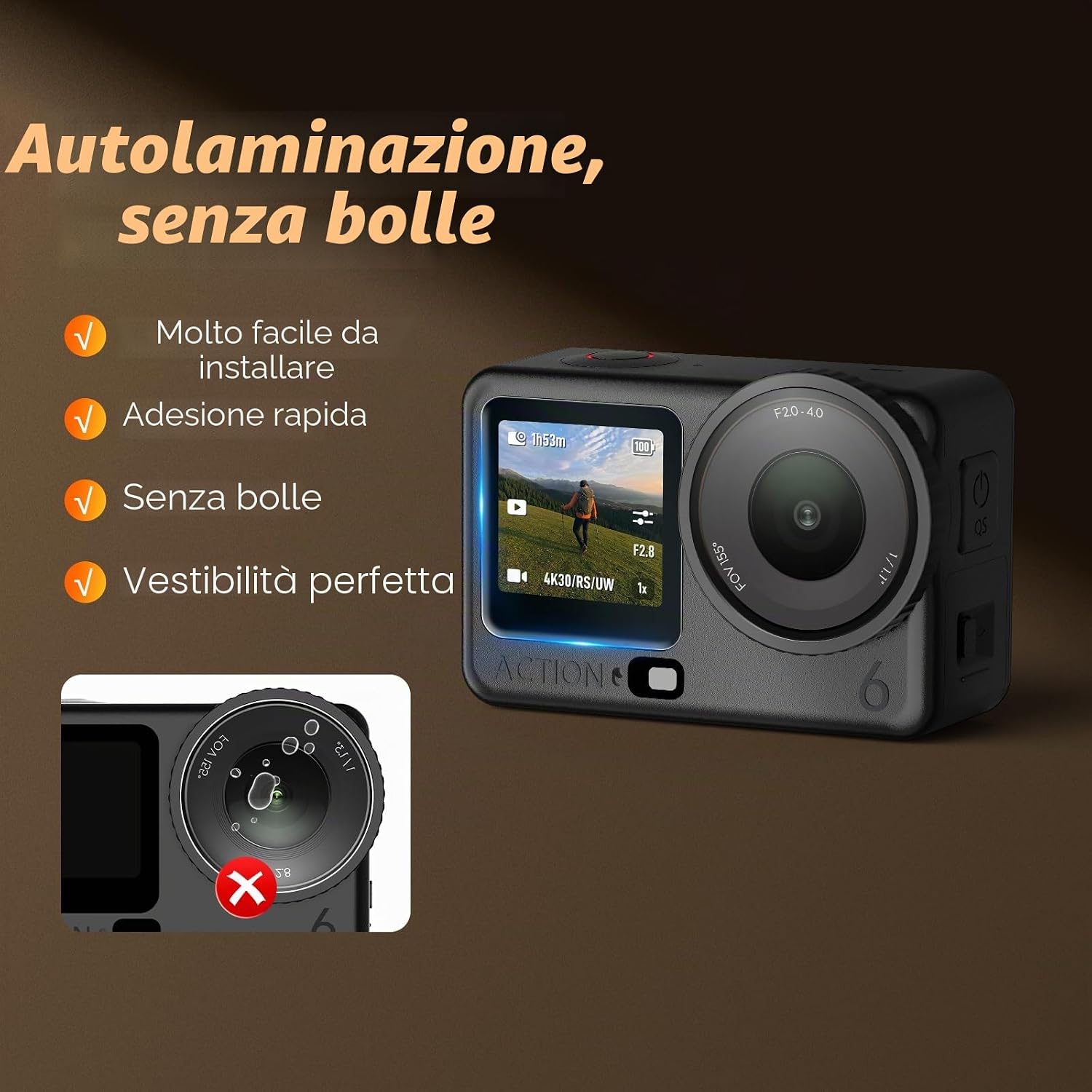 Detalle de AMAZEAR Pellicola Protettiva per Lente e Schermo DJI Osmo Action 6 – Set in Vetro Temperato per Action 6 Pro