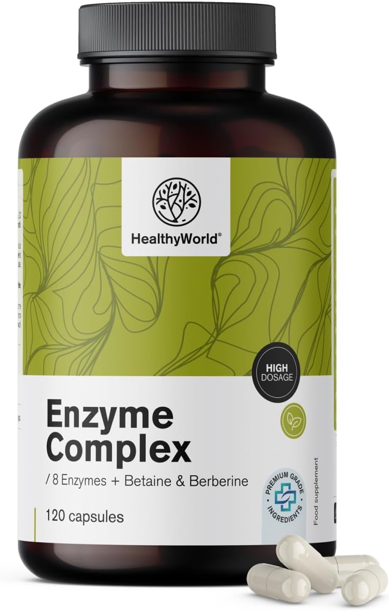Detalle de HealthyWorld Enzymcomplex capsules met 8 enzymen, berberine en betaïne HCl
