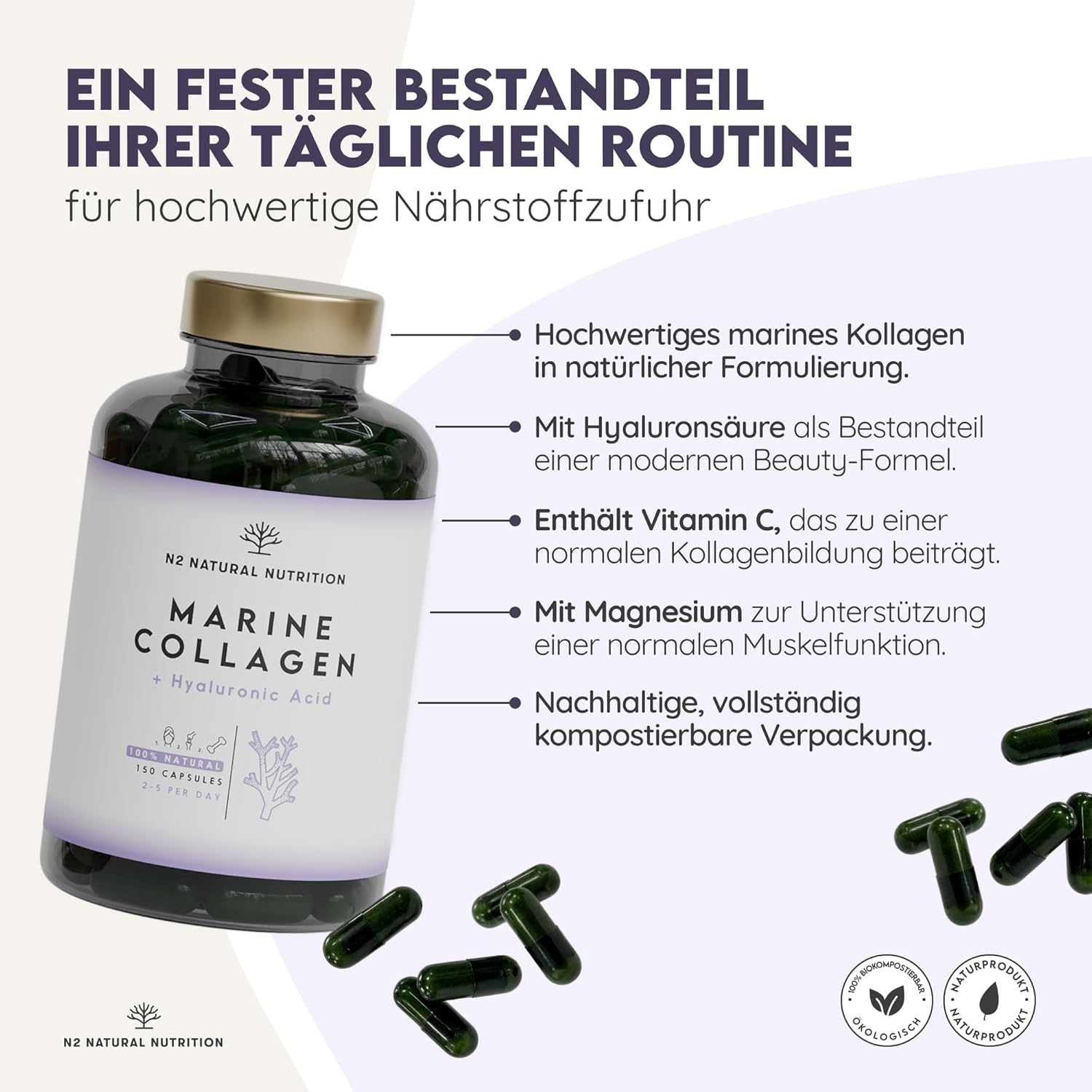 Thumbnail 1 de N2 Natural Nutrition Kollagen Kapseln (150 Stück) mit Vitamin C, Hyaluron & Magnesium