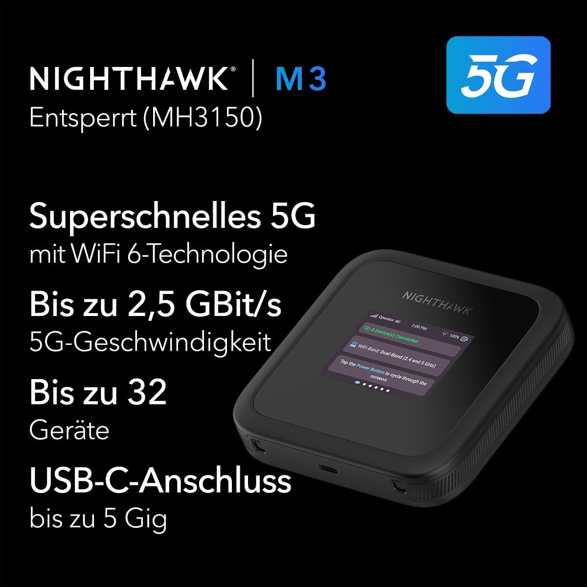 Detalle 2 de NETGEAR Nighthawk M3 (MH3150) – mobiler 5G-Router mit WiFi 6, bis zu 2,5 GBit/s, Nano‑SIM, bis 32 Geräte