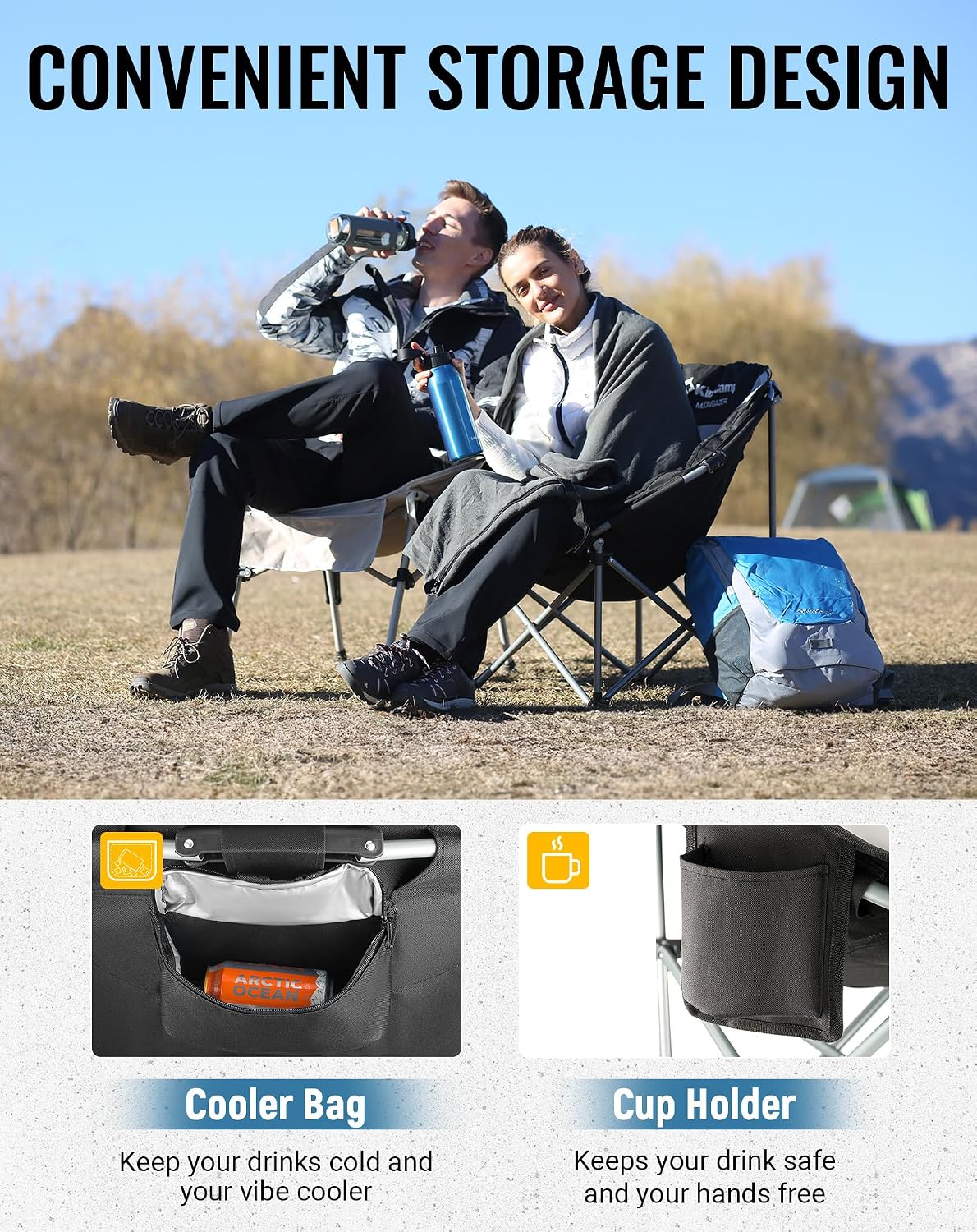 Thumbnail 4 de KingCamp set of 2 Moon Chairs with cooler bag – folding XXL camping chairs (supports 205kg)