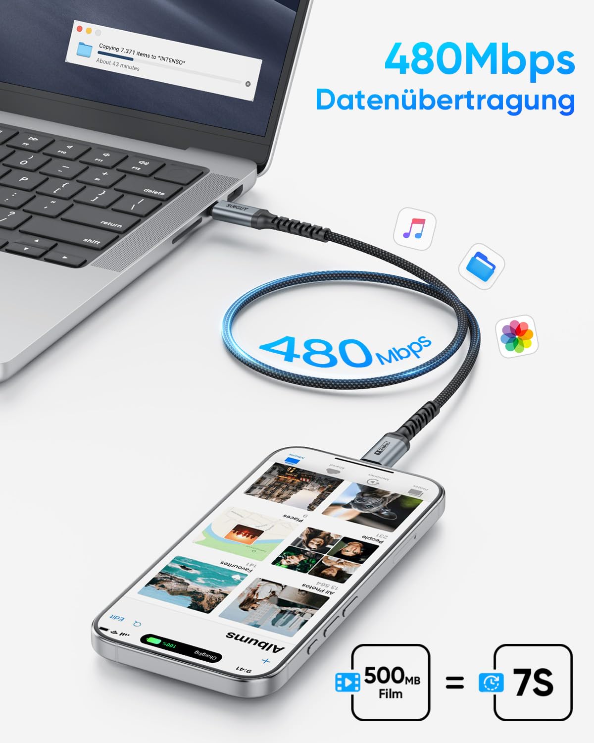 Detalle 2 de SUNGUY USB-C auf USB-C Kabel 0,3 m im 2er-Pack – 240 W Schnellladekabel, Grau