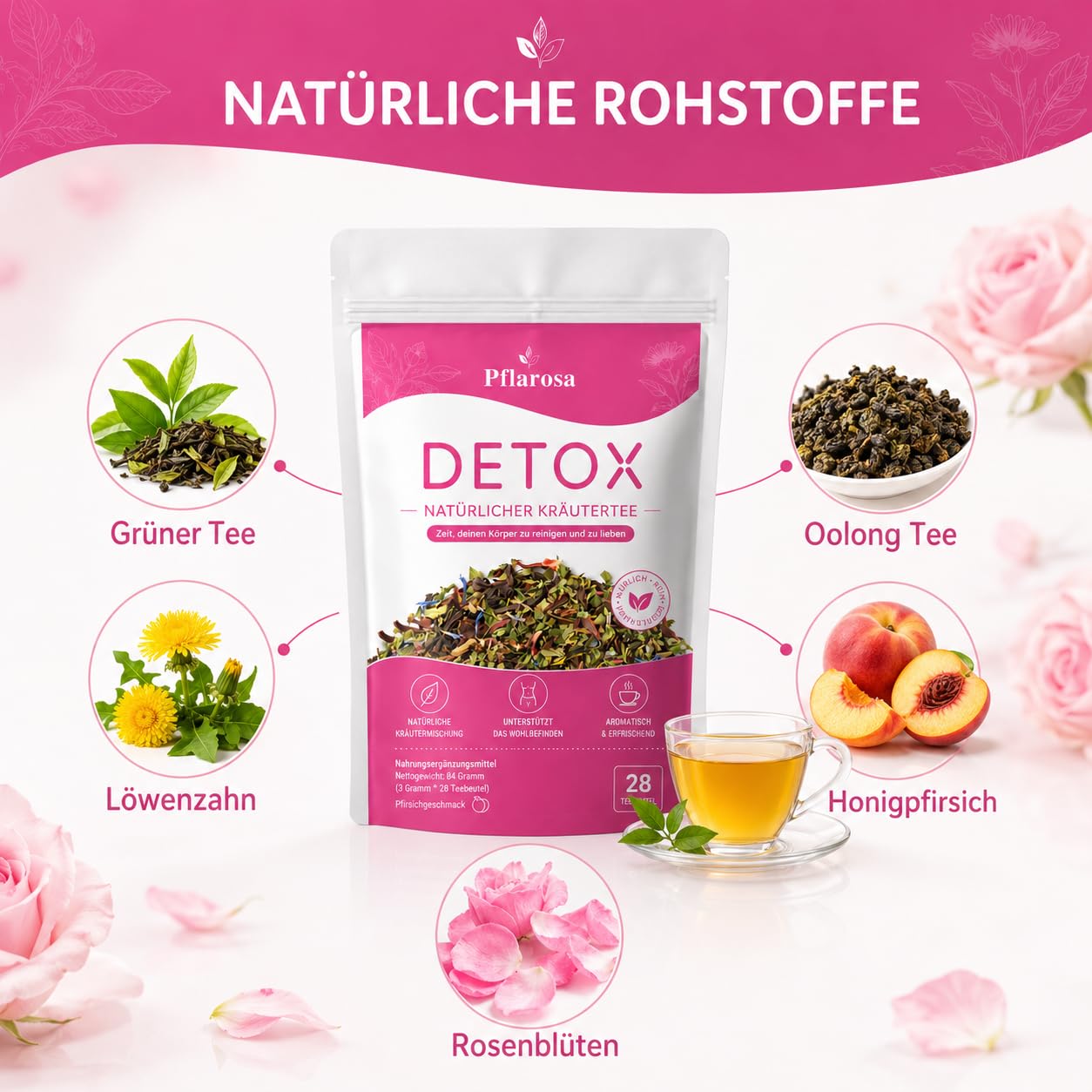 Detalle de Detox Tee zum Abnehmen – 56-Tage Kräutertee-Kur mit Grüntee, Oolong & Löwenzahn, Pfirsichgeschmack (vegan)