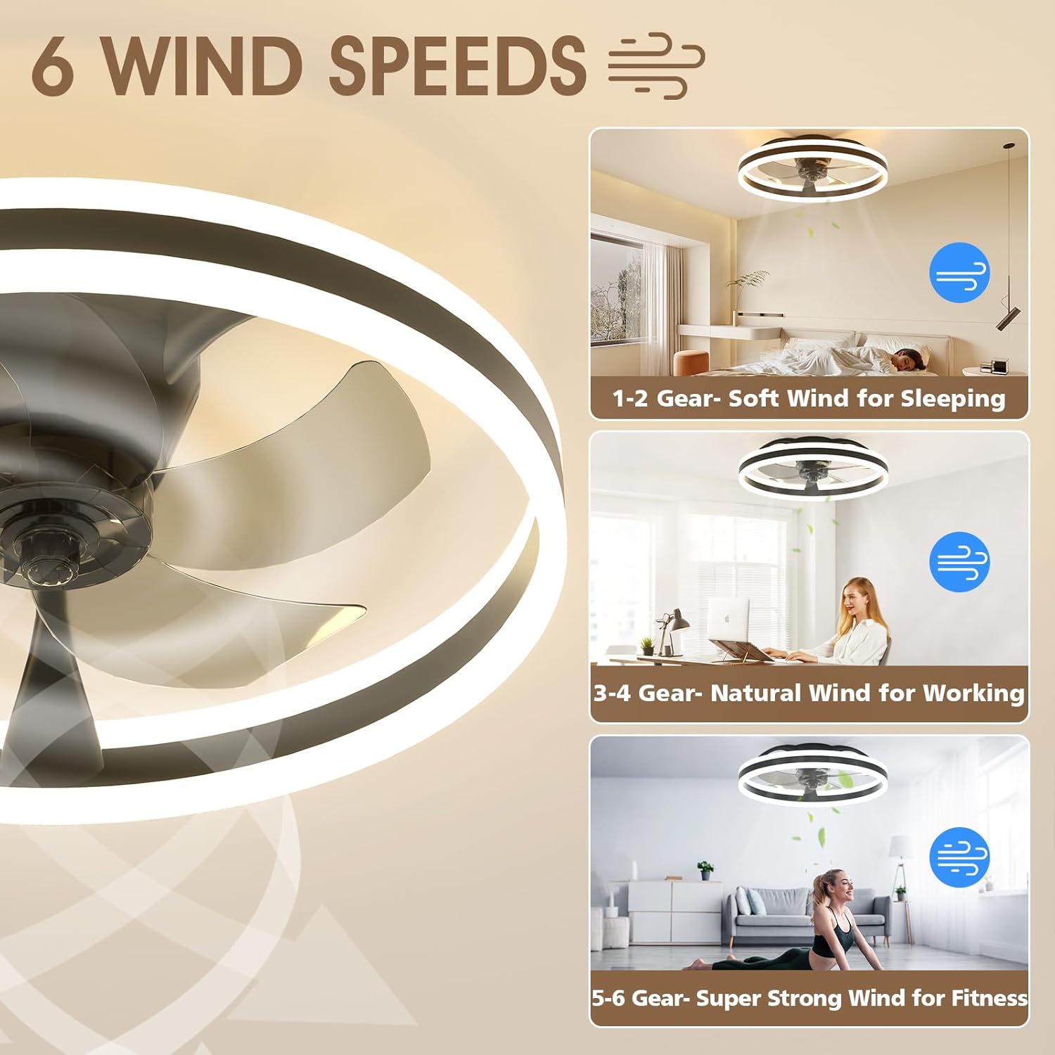 Detalle 2 de NIORSUN 50cm ceiling fan with light 6-speed 🌬